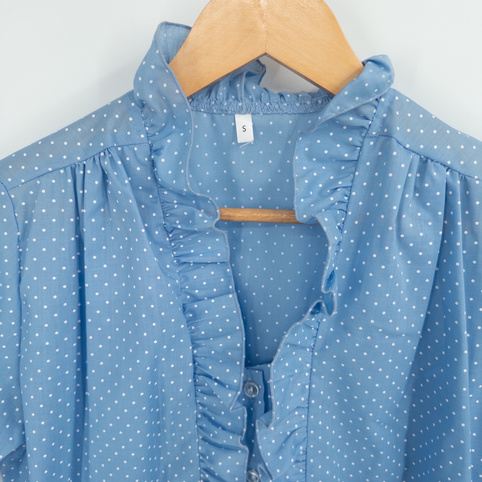 Vintage Prairie Blouse Womens S Blue Polka Dot Ruffle Cottage Granny Retro Femme