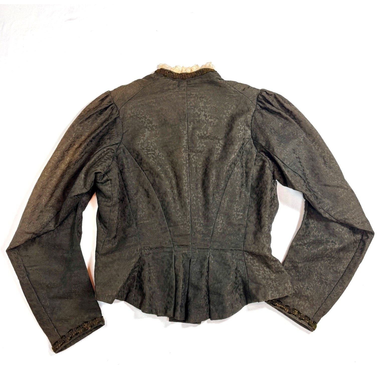 Antique Edwardian Moss Green Jacquard Wool Jacket Blouse Lace Floral Buttons