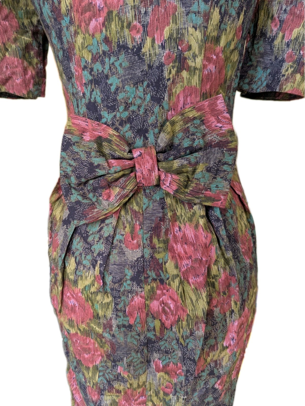 Vintage 80s Floral Button Down Dress W/ Puff Sleeves And Bow On Back Size 2