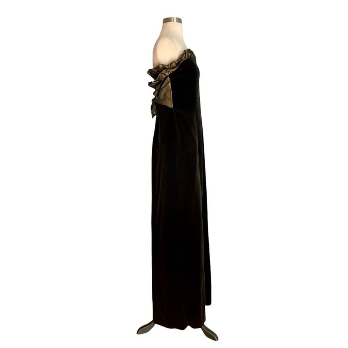 Vintage 90s Laura Ashley Black Velvet Gown Dress w/Olive Green Ruffle Trim S