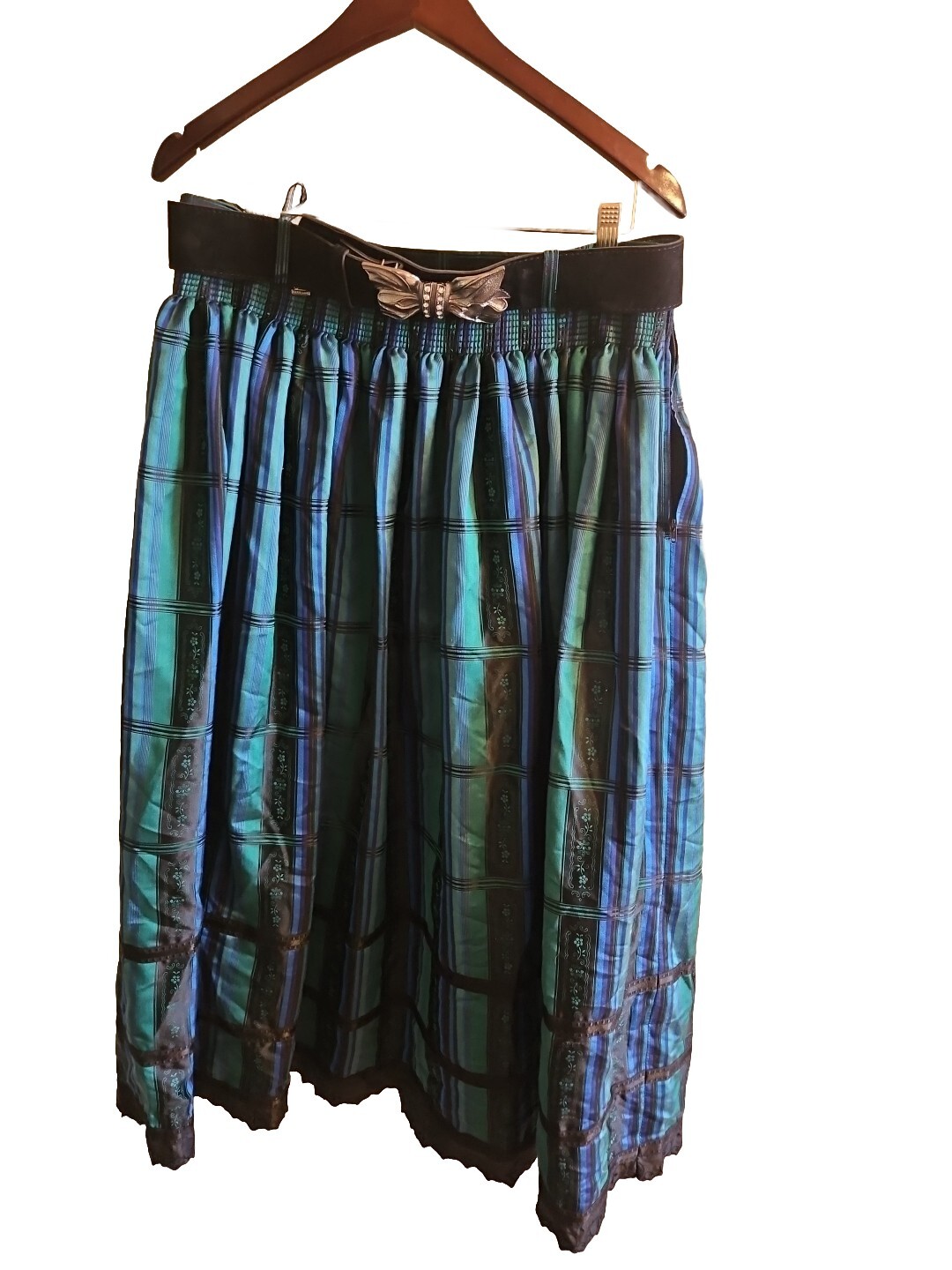 Vtg Julius Lang Austria Plaid 14 Skirt Full Maxi Blue Green Beautiful RaRe
