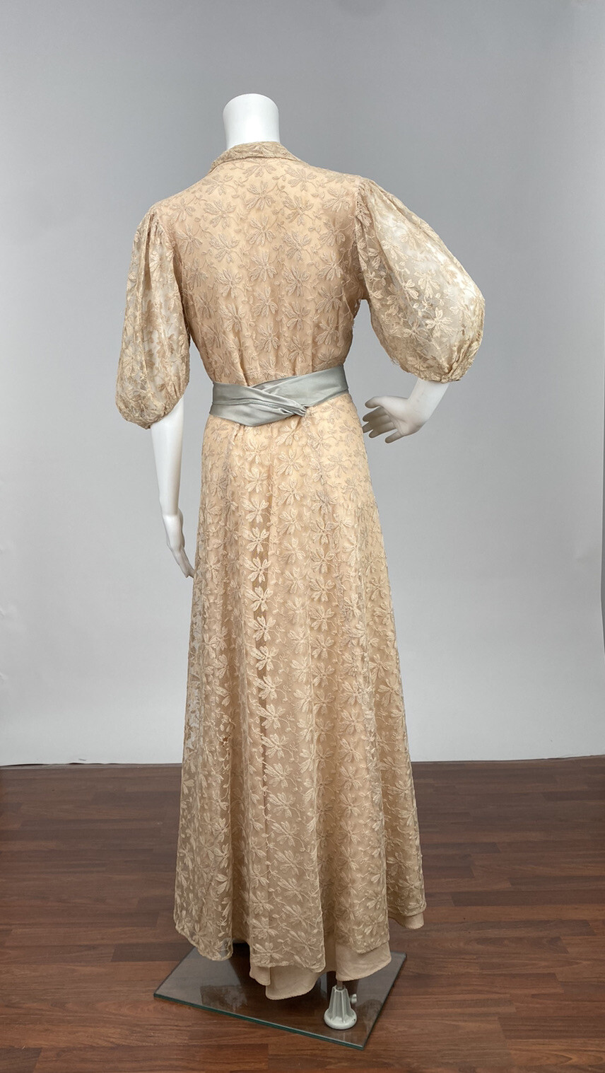Antique 1930s Pale Blush Pink Net Lace Sheer Robe With Blue Ribbon Tie AS IS