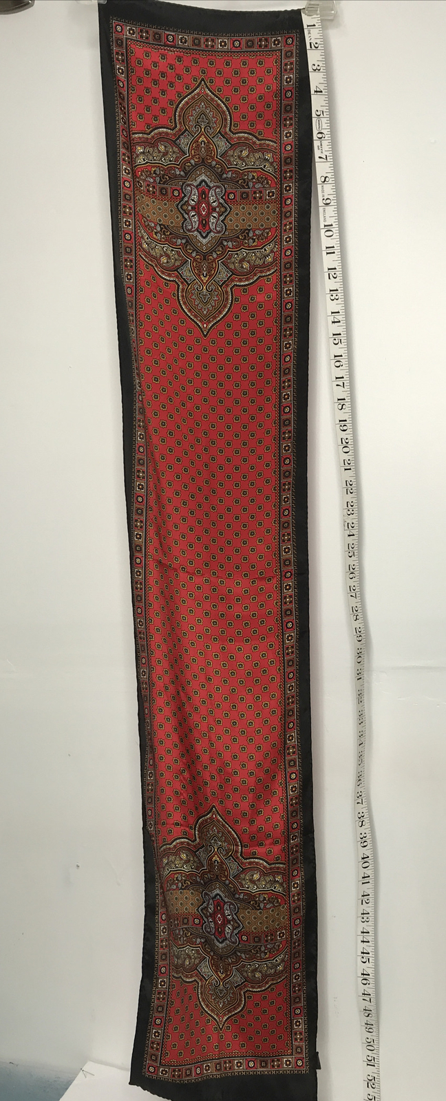 Vintage Polyester Made in Korea 52”x10″ Red, Black, Gold Tone Scarf