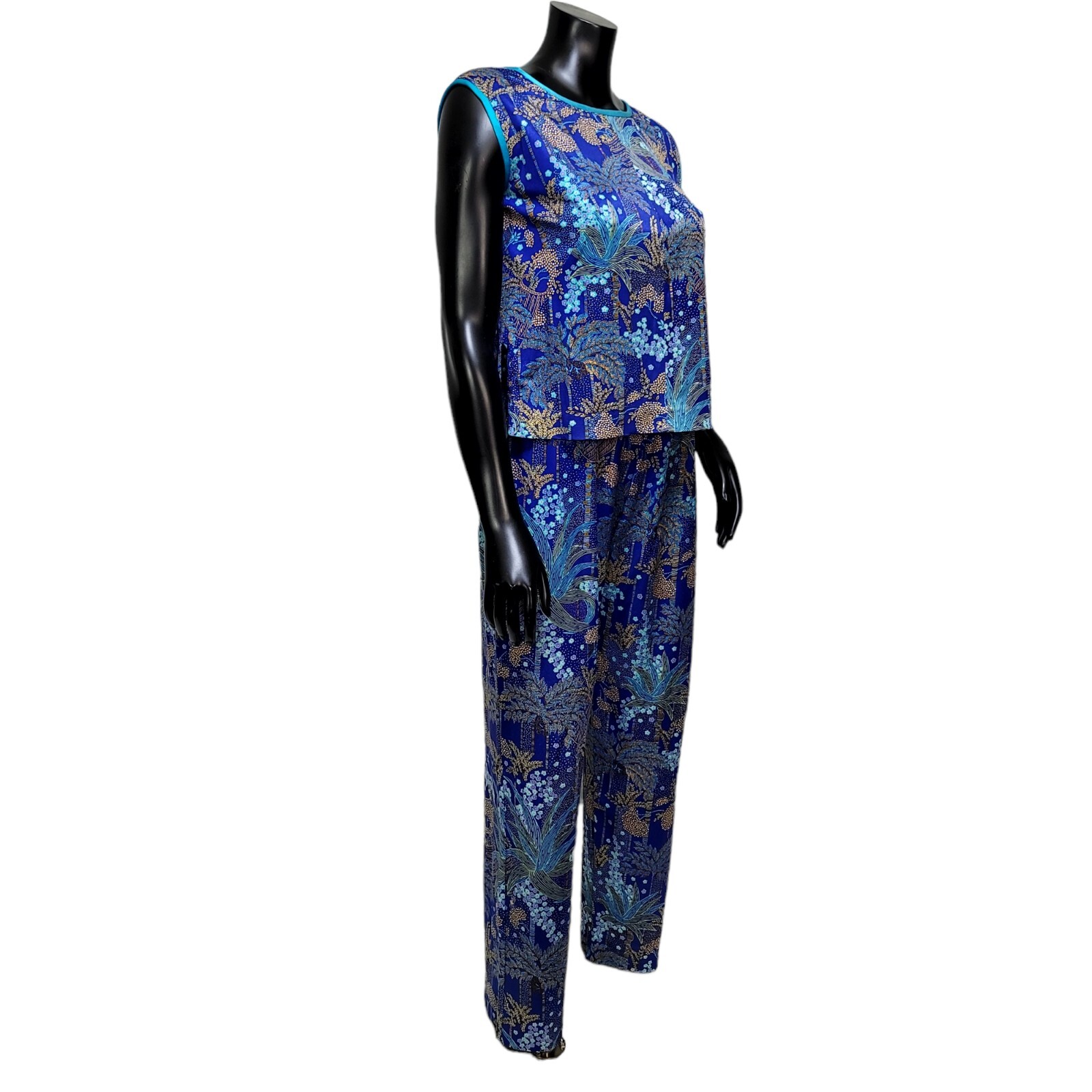 Vintage 70s Blue Tropical Print Pant Set Womens M Lounge Resort Mod 2 Piece USA