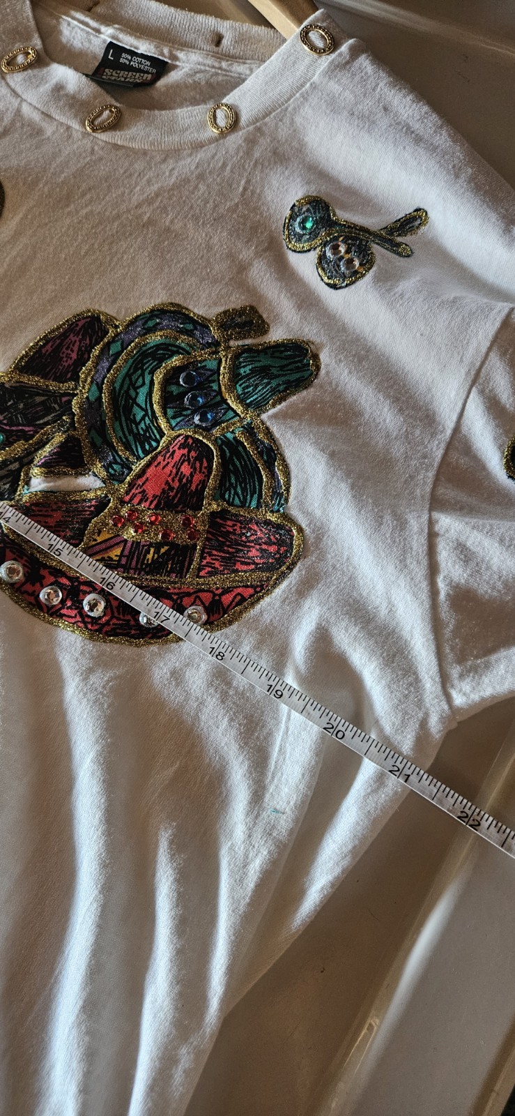 VTG Screen Stars Best Mexican Applique Gem Bead Sombero White Sz L Signed CAB