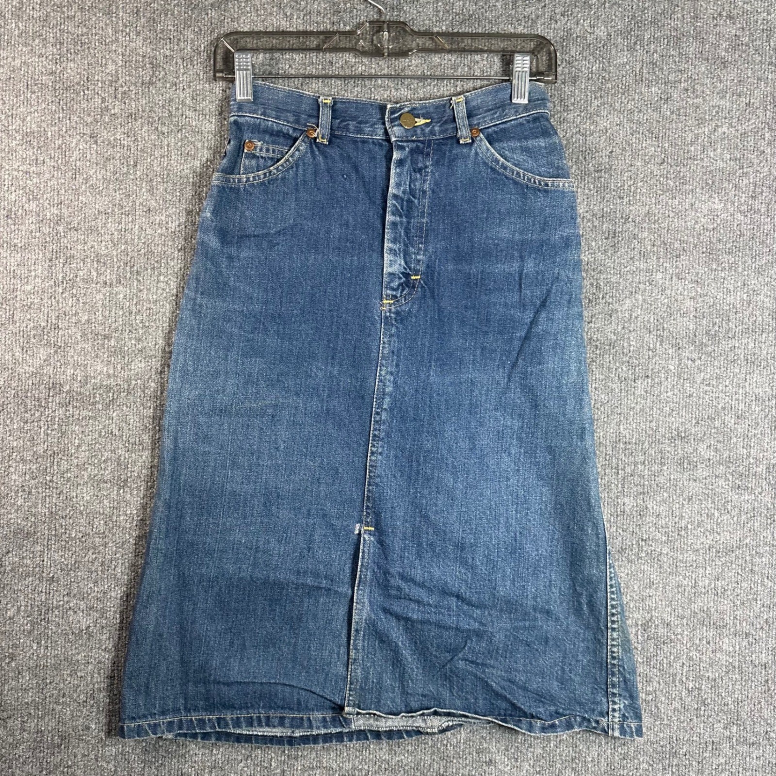 Vintage Lee Riders Denim Midi Skirt High Waisted Medium Wash Blue 24 Waist
