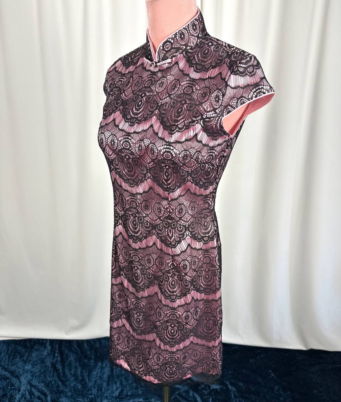 Vintage Lace Mandarin Collar Dress XS Pink Black Cocktail Party Beijing Purchase