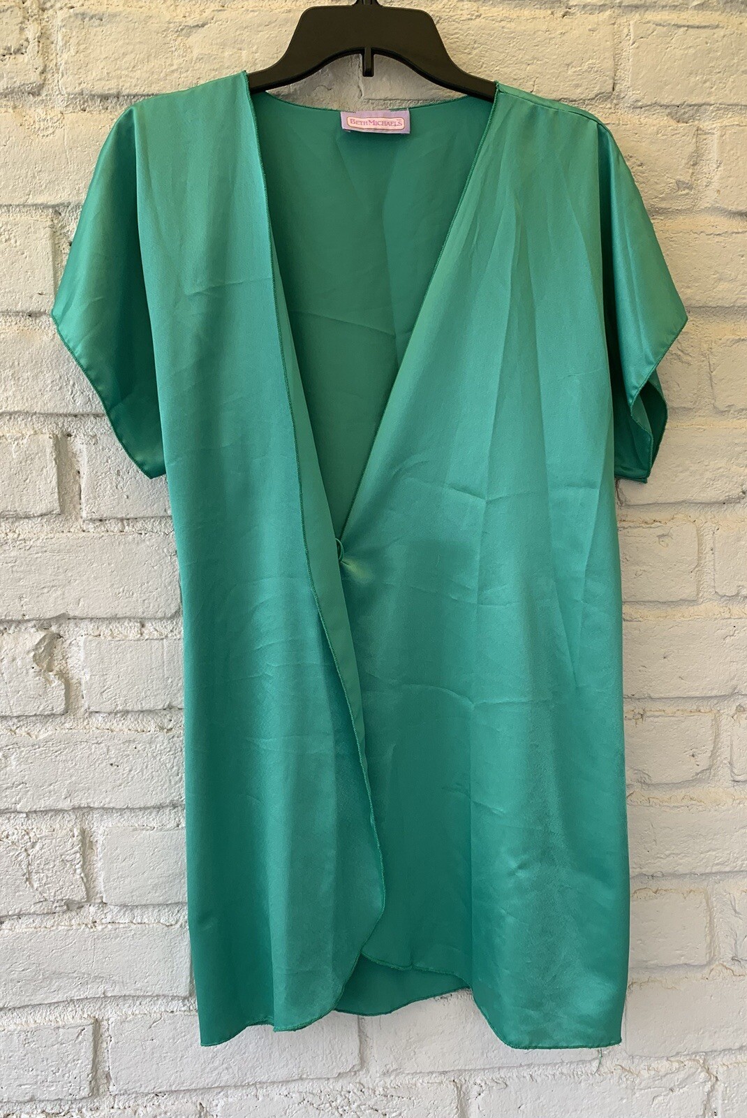 VTG Beth Michaels Green Peignoir Robe Shiny Satin Size 8-10 NO BELT