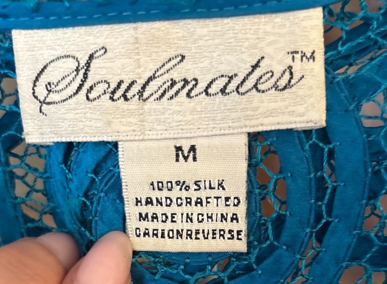 Soulmates 100% Silk Soutache Lace Open Jacket M Teal Handmade Art Deco Vintage
