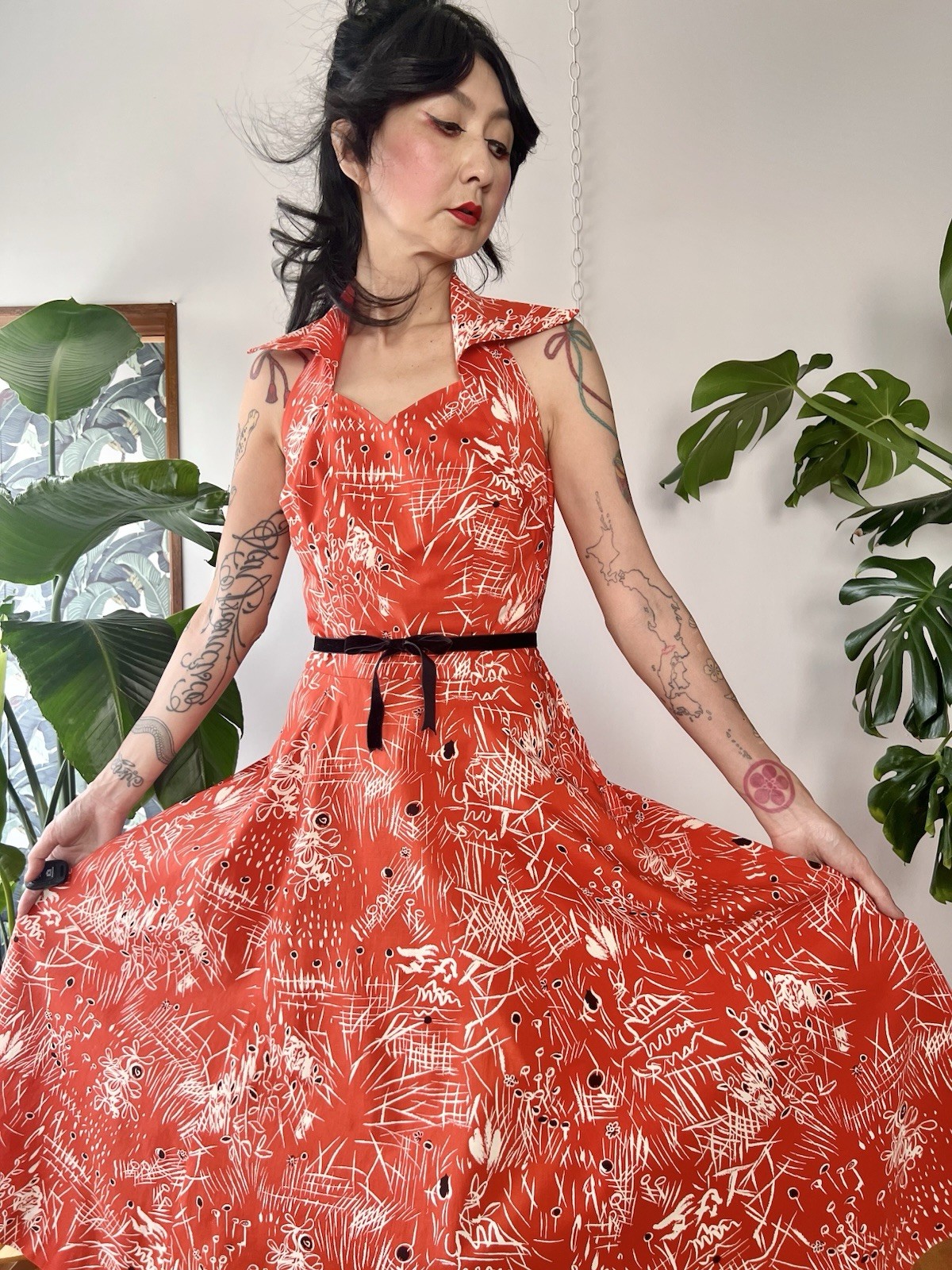 50s Abstract Print Collared Halter Neck Corset Lace Up Cotton Dress S/M LVL Tiki