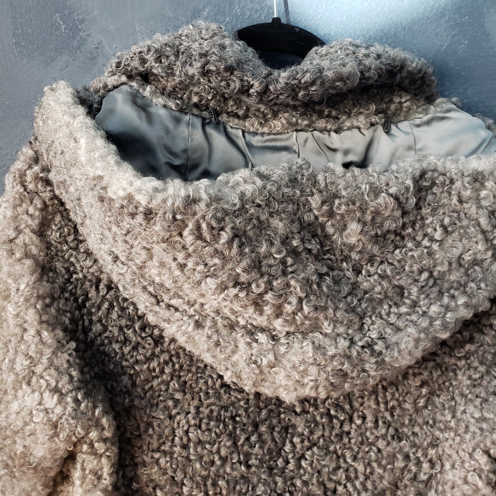 Vintage 50s Gray Greige Curly Viking Lamb Hooded Coat L EUC RARE