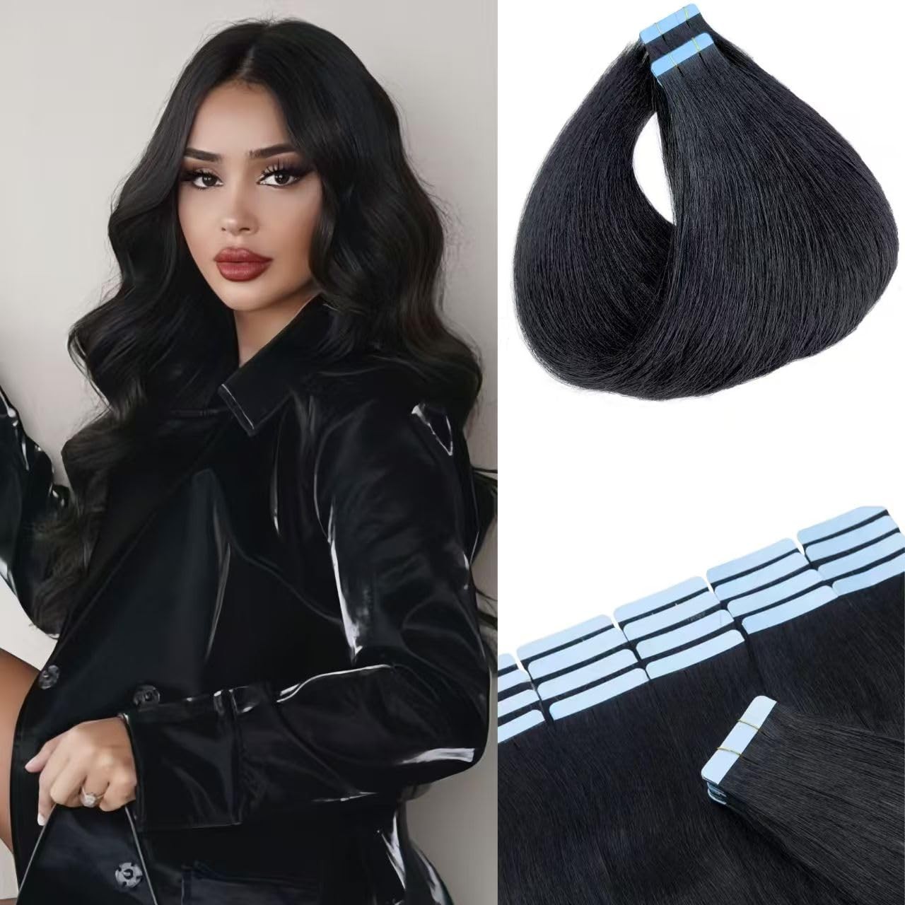 Black Tape in Hair Extensions Real Human Hair Invisible Remy Tape in 20Pcs/Pack