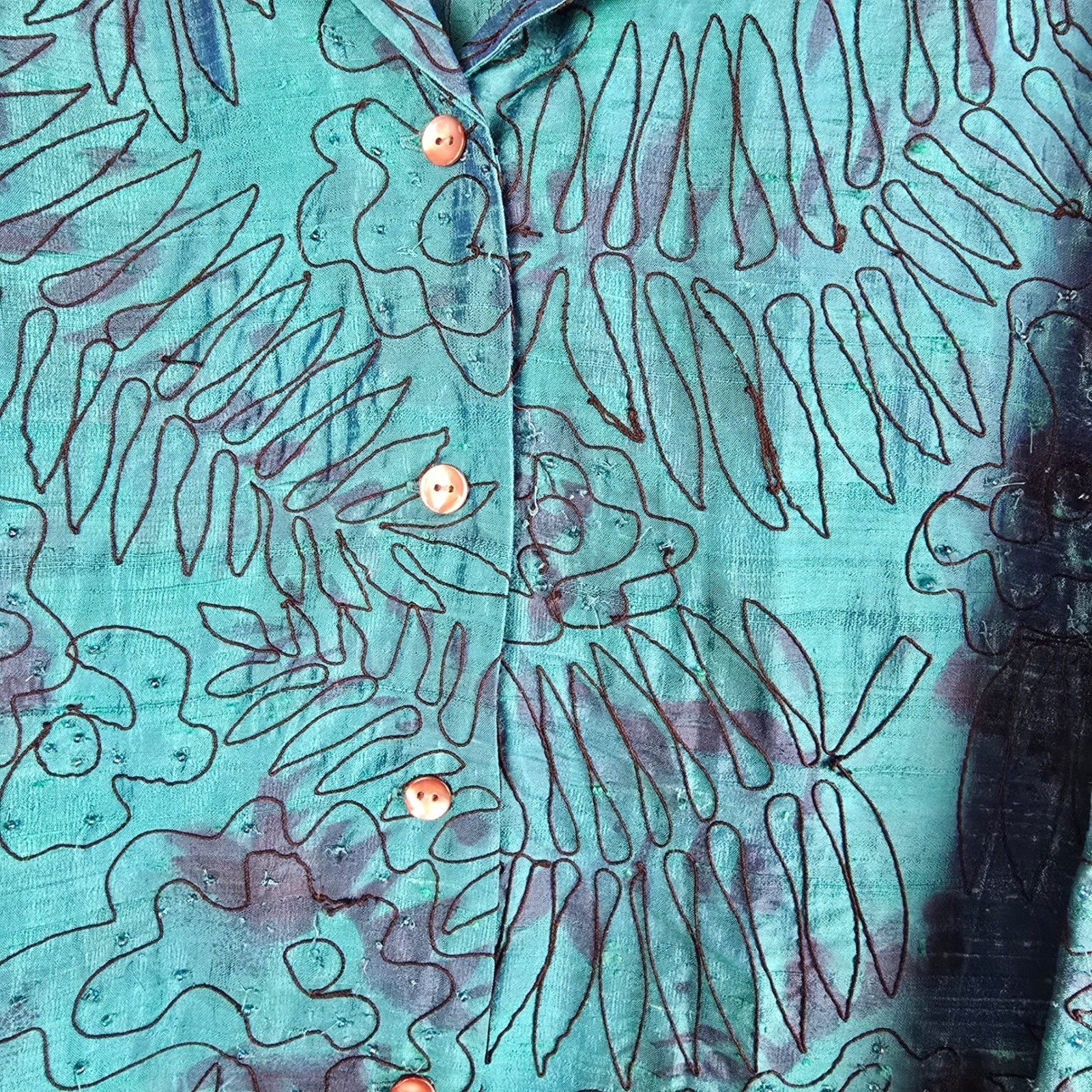 Vintage Chico’s Design 100% Silk Beaded Floral Shirt Teal Blue Boho Size 3