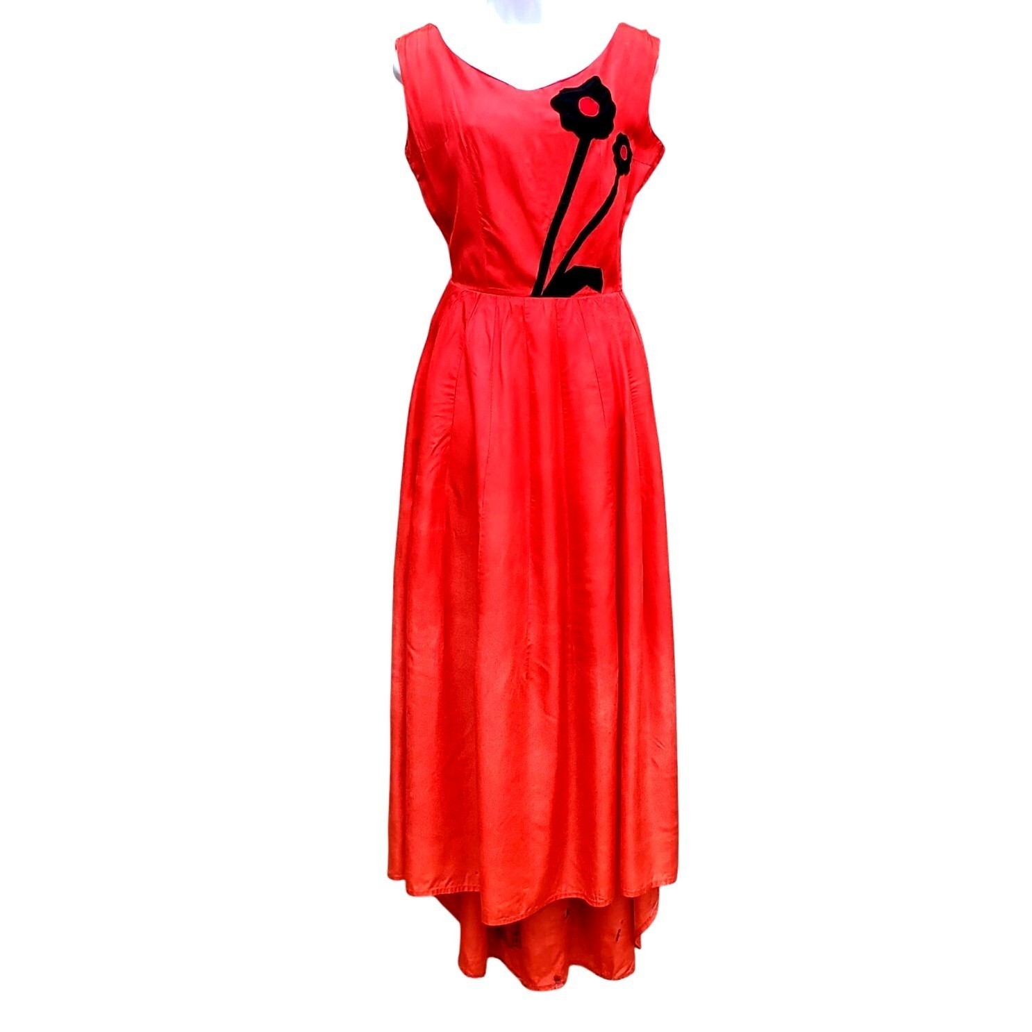 Vintage 30s Style Red Orange Acetate Maxi Size S Black Appliqué Gown Prom Dress