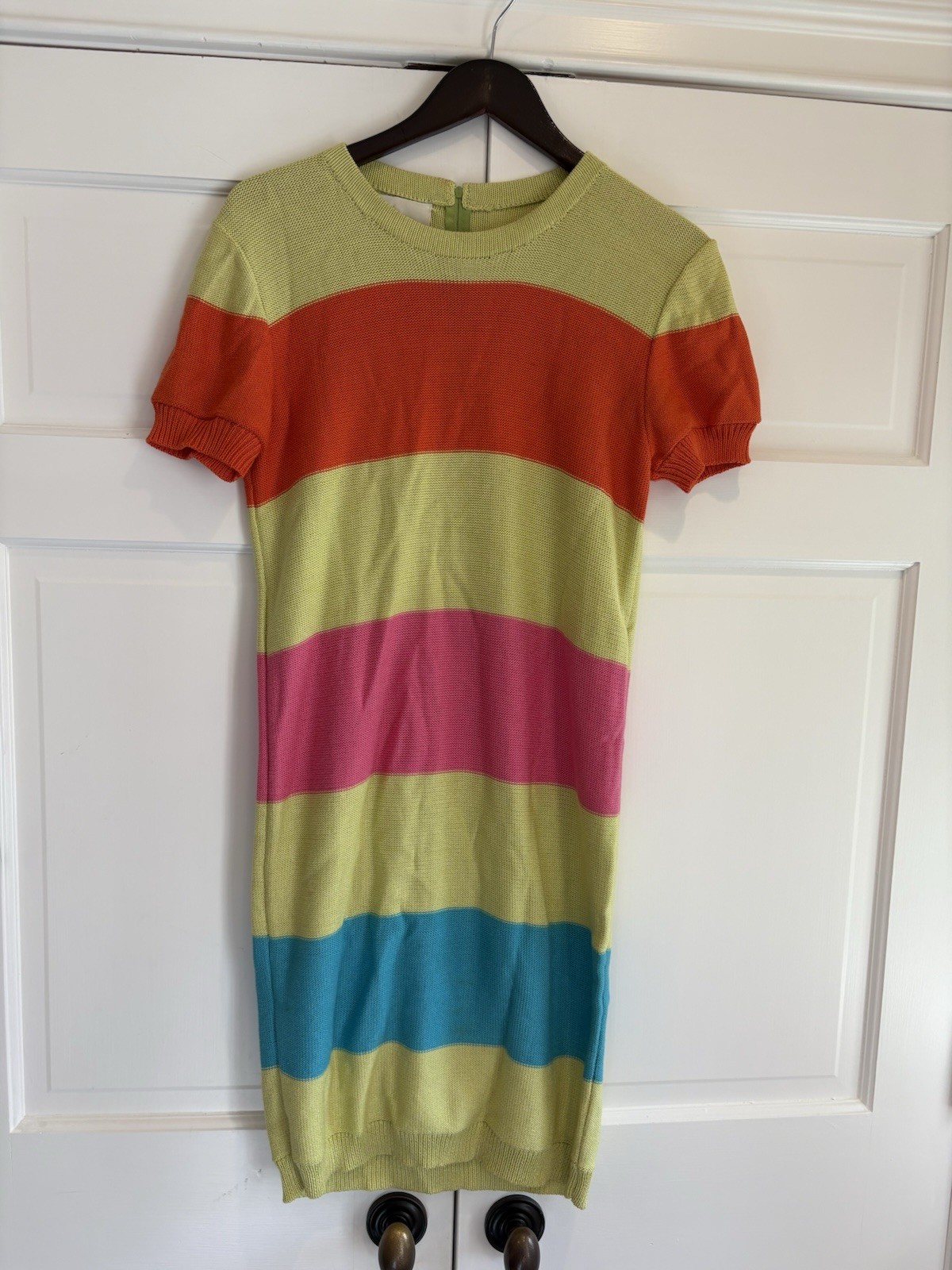 Vintage 70s Steve Fabrikant Wool Rayon Sweater Dress Pink Aqua Lime Stripe Sz S
