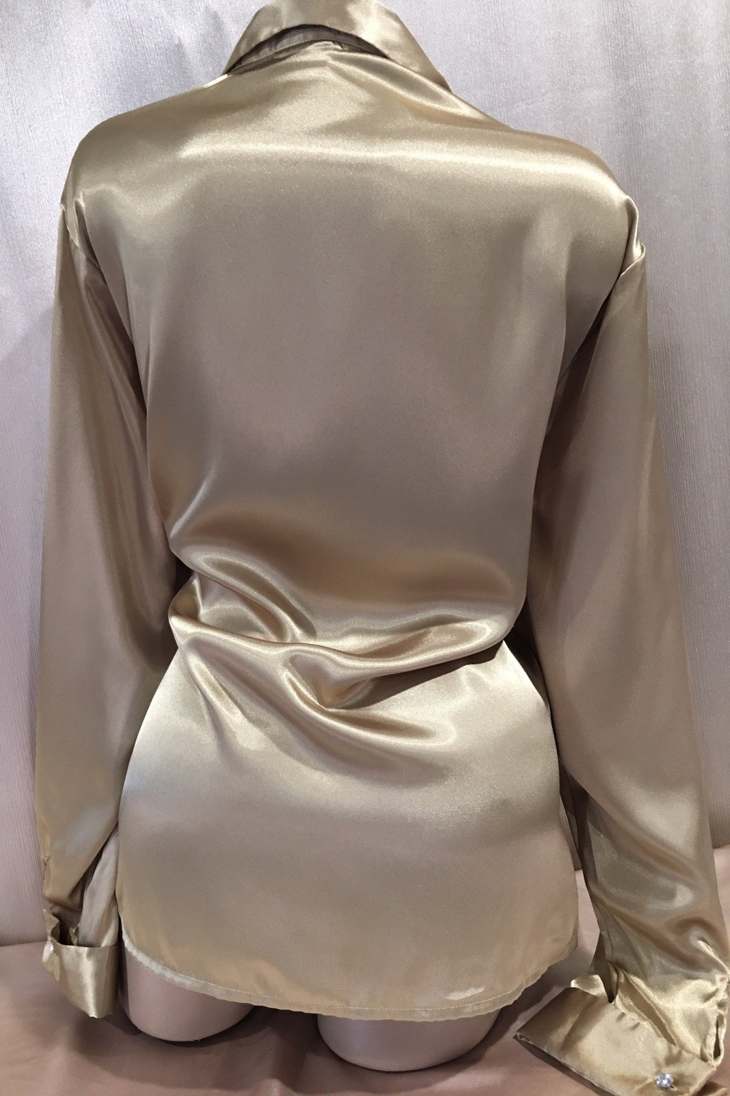 Vtg Gold Satin French Cuff Link Crystal Button Blouse Shirt Top 2X Bust 46 48
