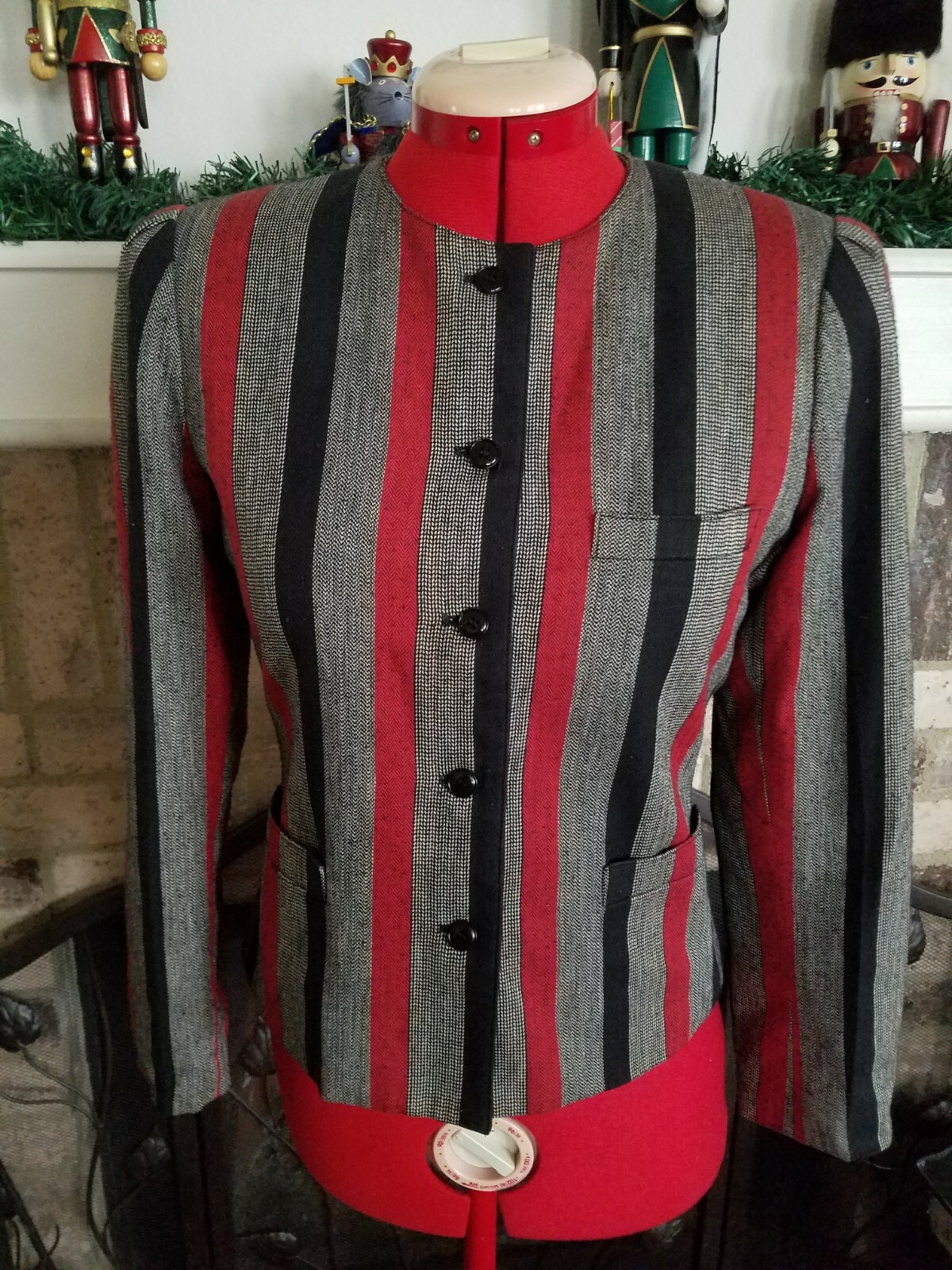 VINTAGE 80s Kasper for ASL Striped Black/Red/Gray Blazer, Asymmetric, Pockets, 8