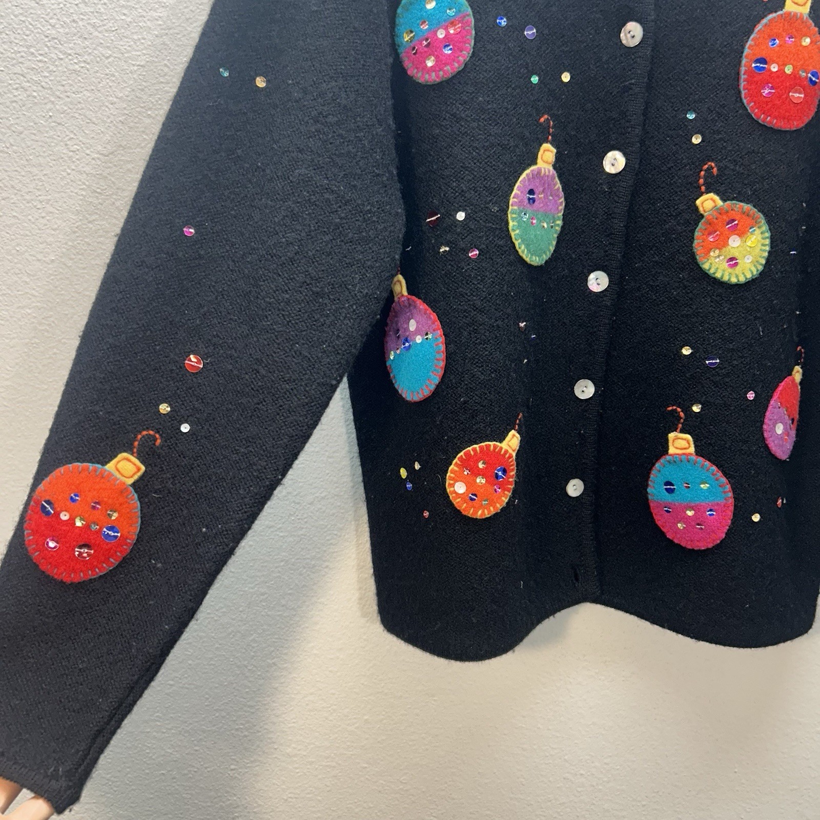 Vtg Talbots Sz M Holiday Winter Cardigan Sweater 100% Wool Christmas Ornaments