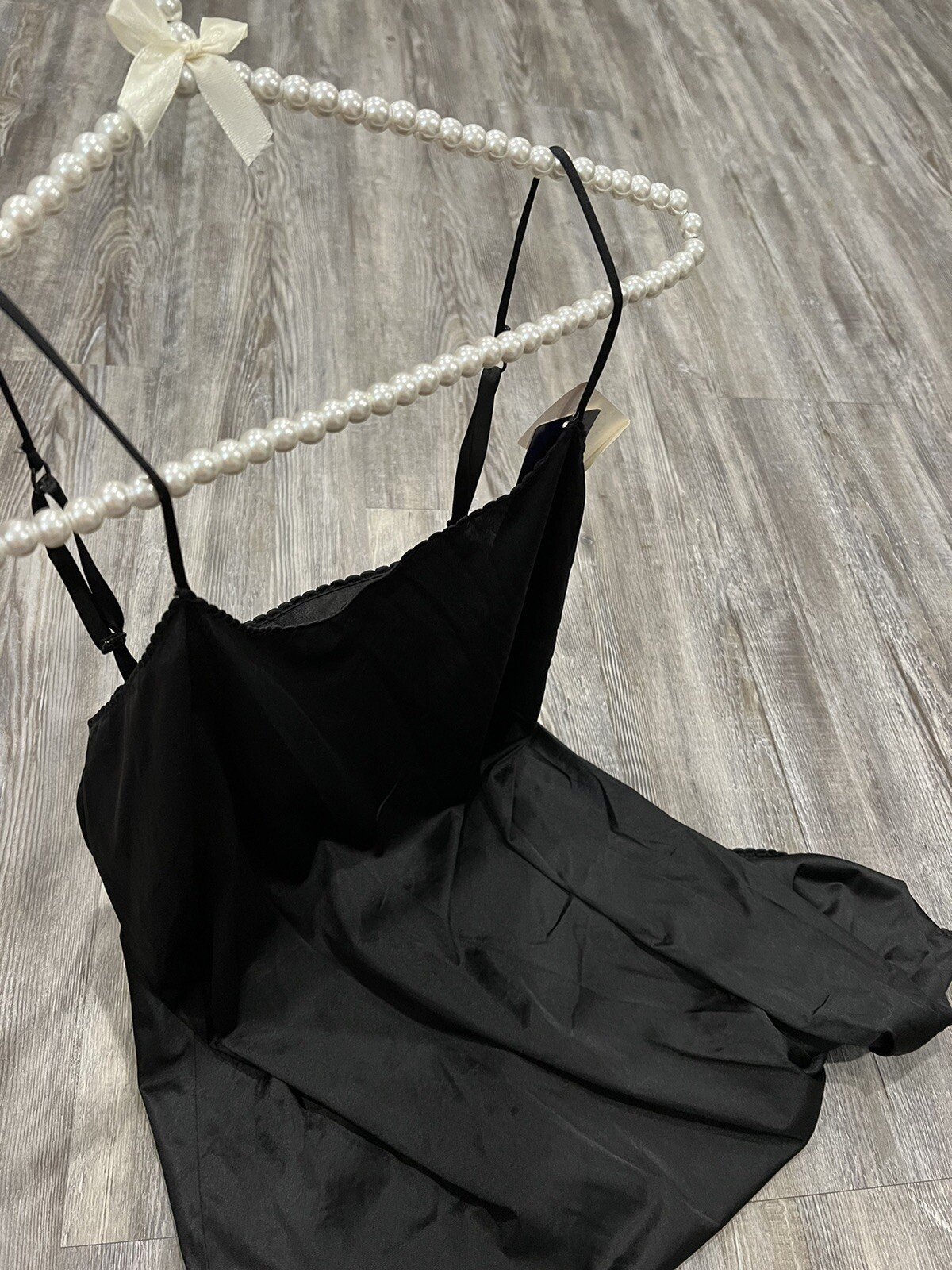 Rare NWT VTG 90 Vanity Fair USA Made Black Spaghetti Straps Lace Slip 38 20”/44