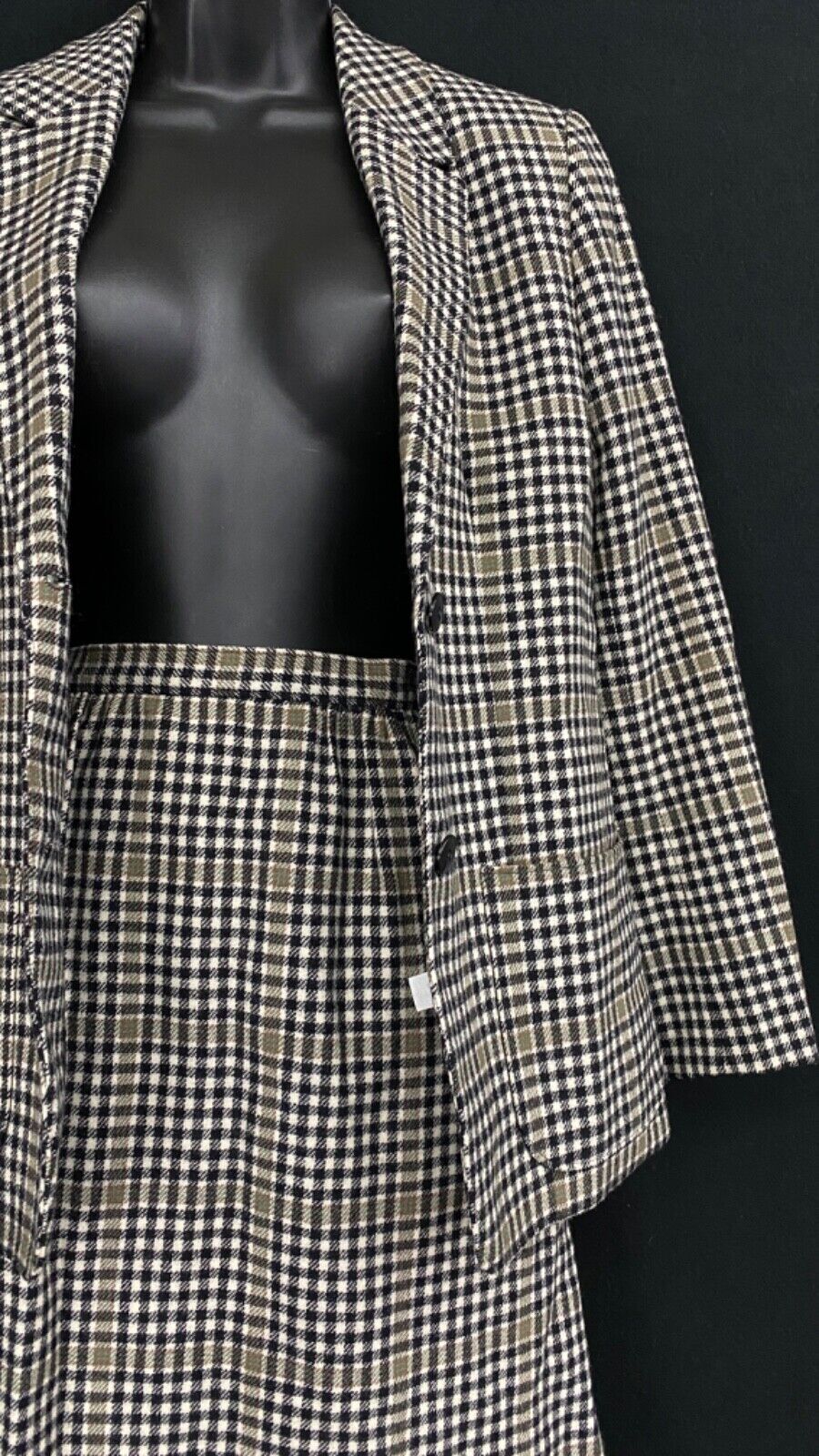 Vintage wool plaid black white gray suit jacket blazer skirt set outfit XS S
