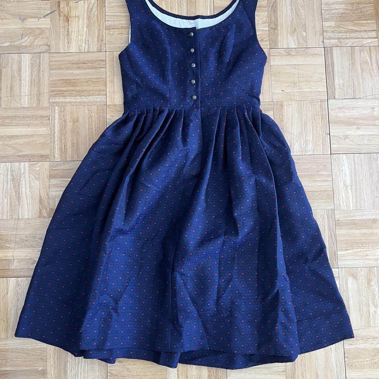 Blue Vintage Austrian KIBEK Dirndl Dress With Small Red Heart Pattern Size 14