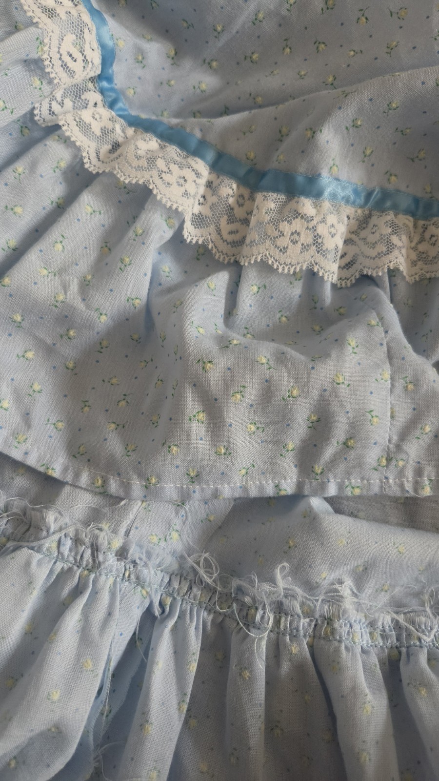 Vintage Blue Prairie Dress White Lace Floral Square Neck 3/4 Puff Sleeves