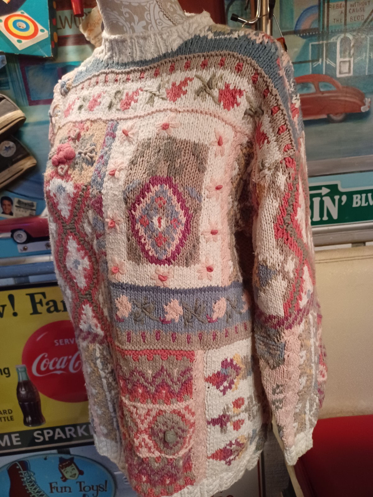 Vintage ’80s ’90s Crystal Colby Sweater Cottagecore 3-D Knit Cotton Unique S