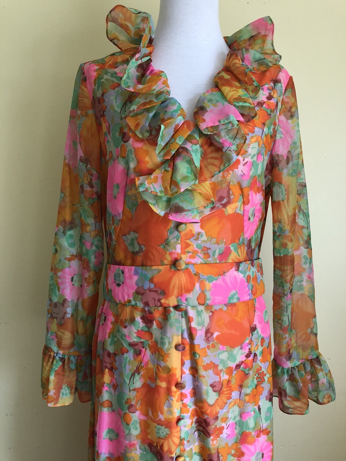 Vintage 70s Psychedelic Bright Pink Orange Floral Long Hippie Dress Sz Sm-Medium