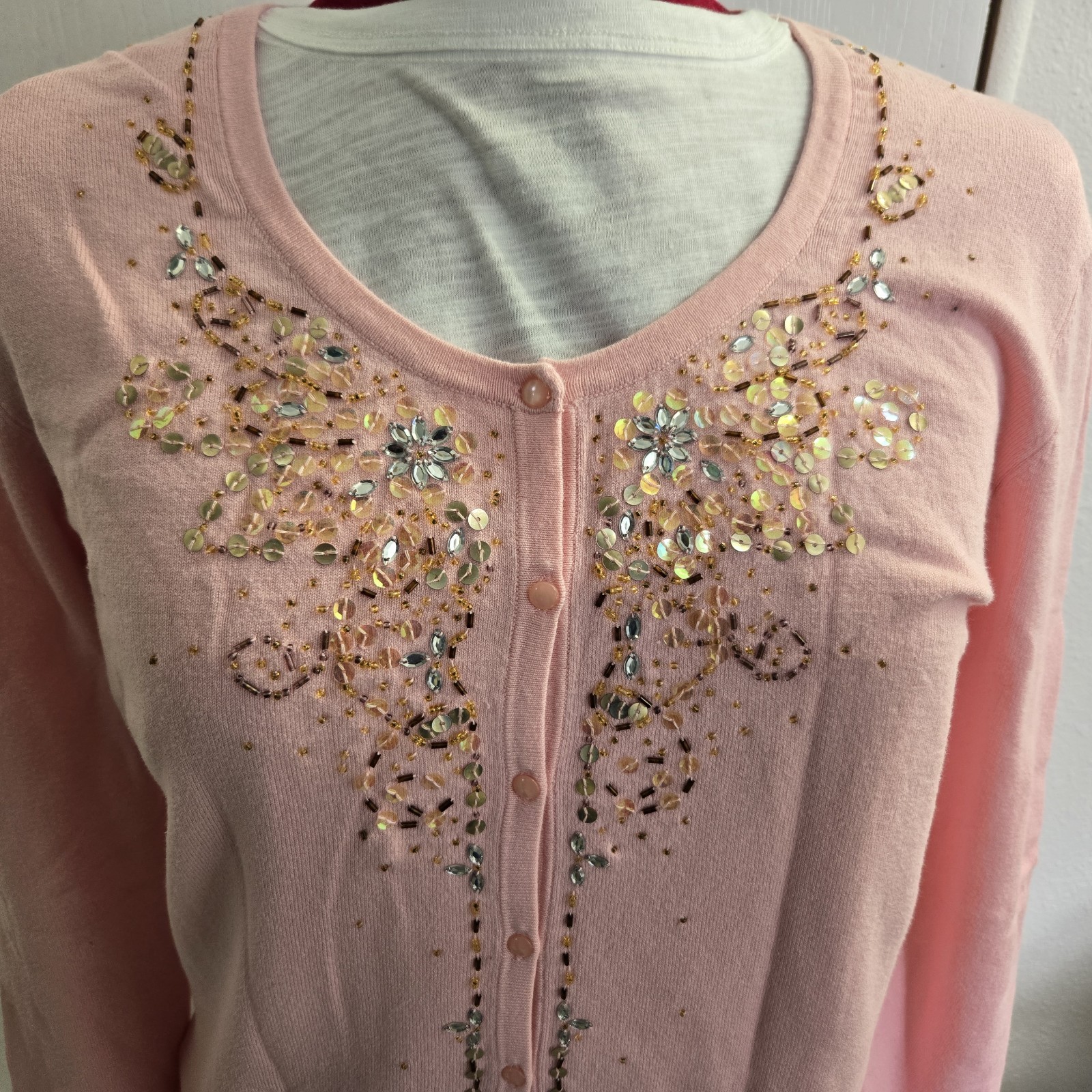 Vtg Chadwick’s Hong Kong Beaded Embellished Pink Cardigan Sweater Sz Large READ