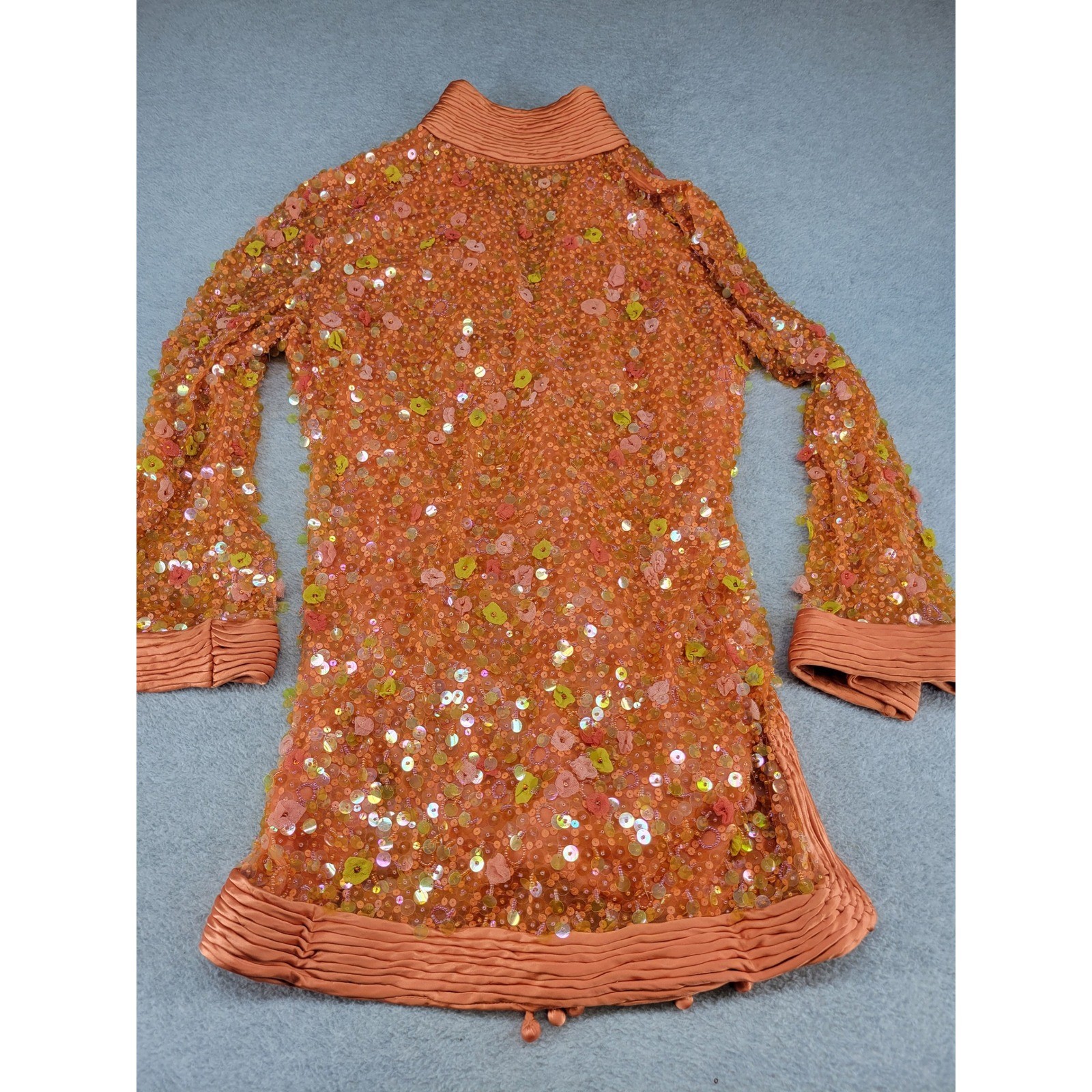 Vintage Silk Sequin Tunic Dress Orange Floral Beaded Tassel Boho Womens Size 16