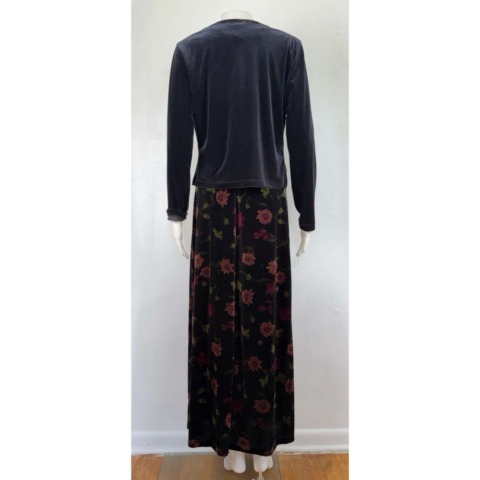 Vintage Crushed Velvet Dress & Jacket Set Size Small 90s Black Floral Maxi