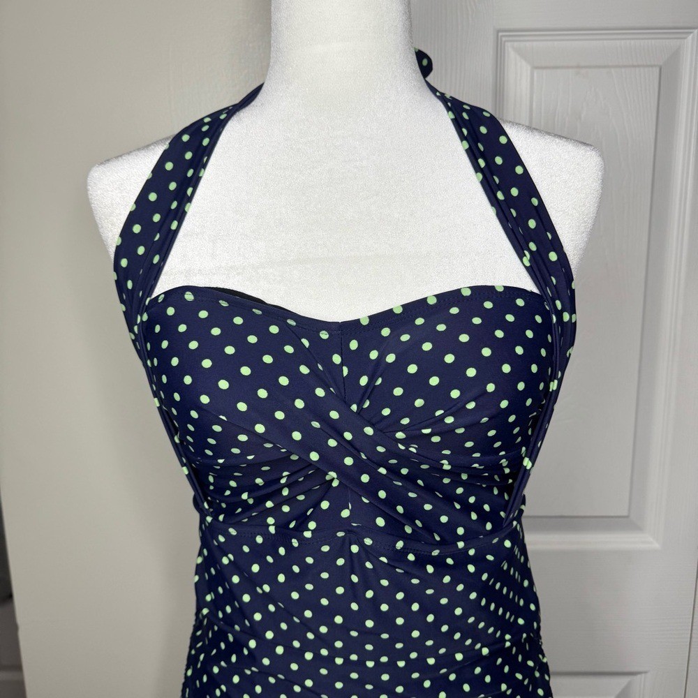 Swimsuits For All Retro Navy and Green Polka Dot One Piece Swimsuit Size 8