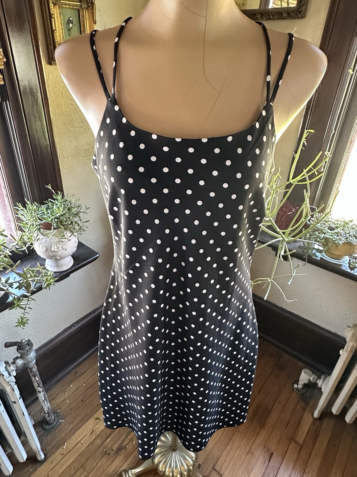 Vintage 80’s DBY Woman’s Dress Black/White Polka Dots Cute Tie Up Back Sz. M