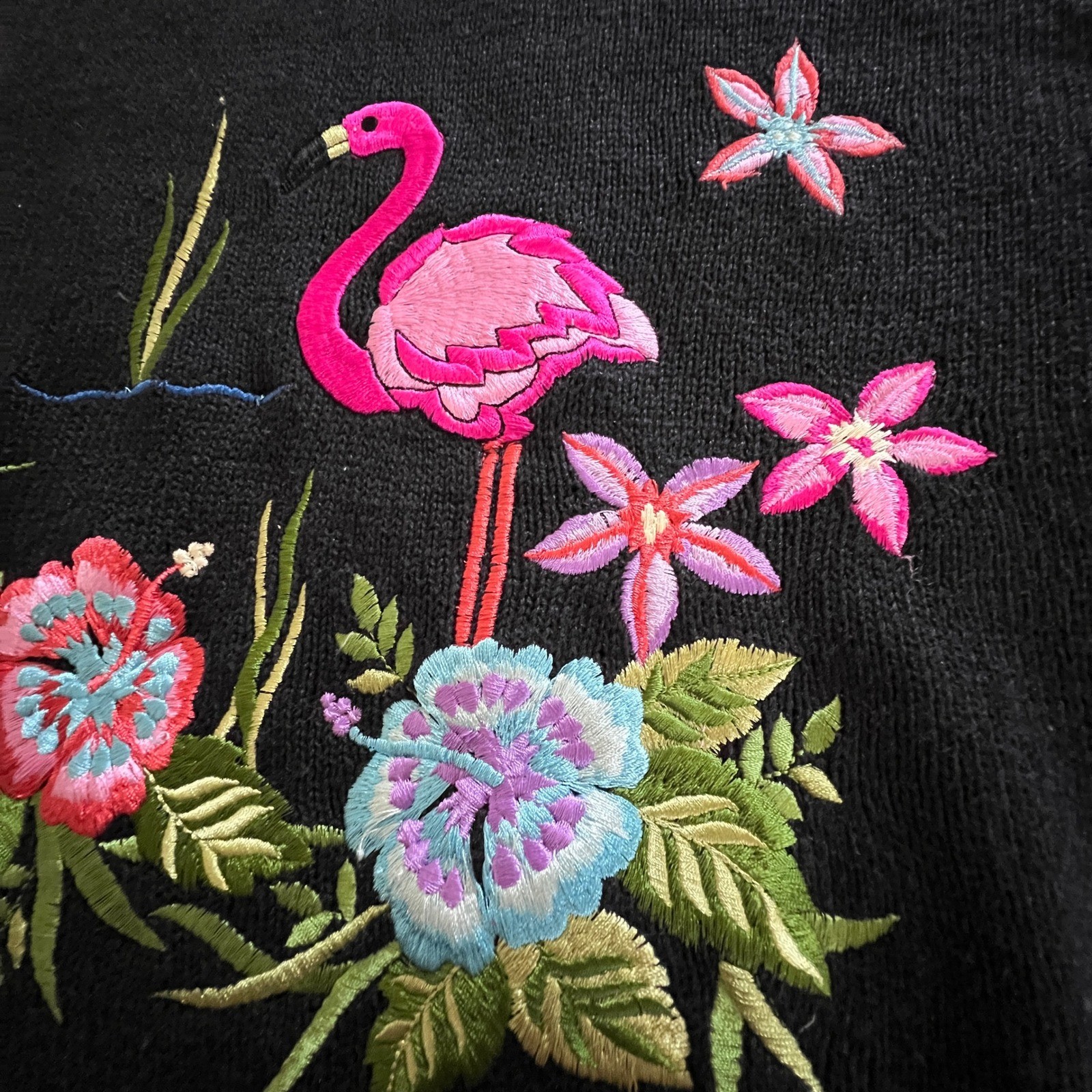 Jenny Flamingo Embroidered Sweater Women XL Black Tropical Crochet Sleeve Top