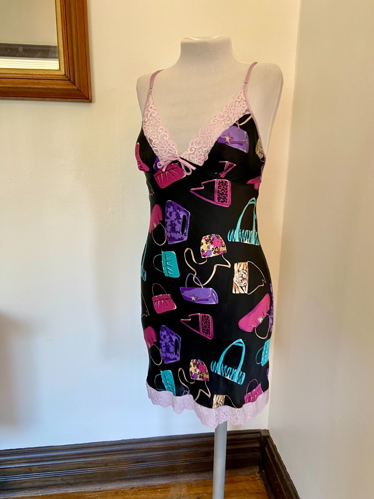 VTG Nicole Miller 2000 100% Silk Slip Dress Bag Purse Print Animal Lace RARE Pur