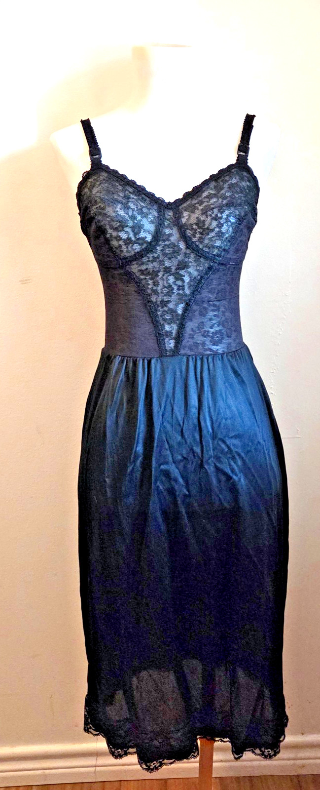 Blanche 1950s Vtg Lace Satin Slip Dress Nightgown Black Small Knee Length SEXY !