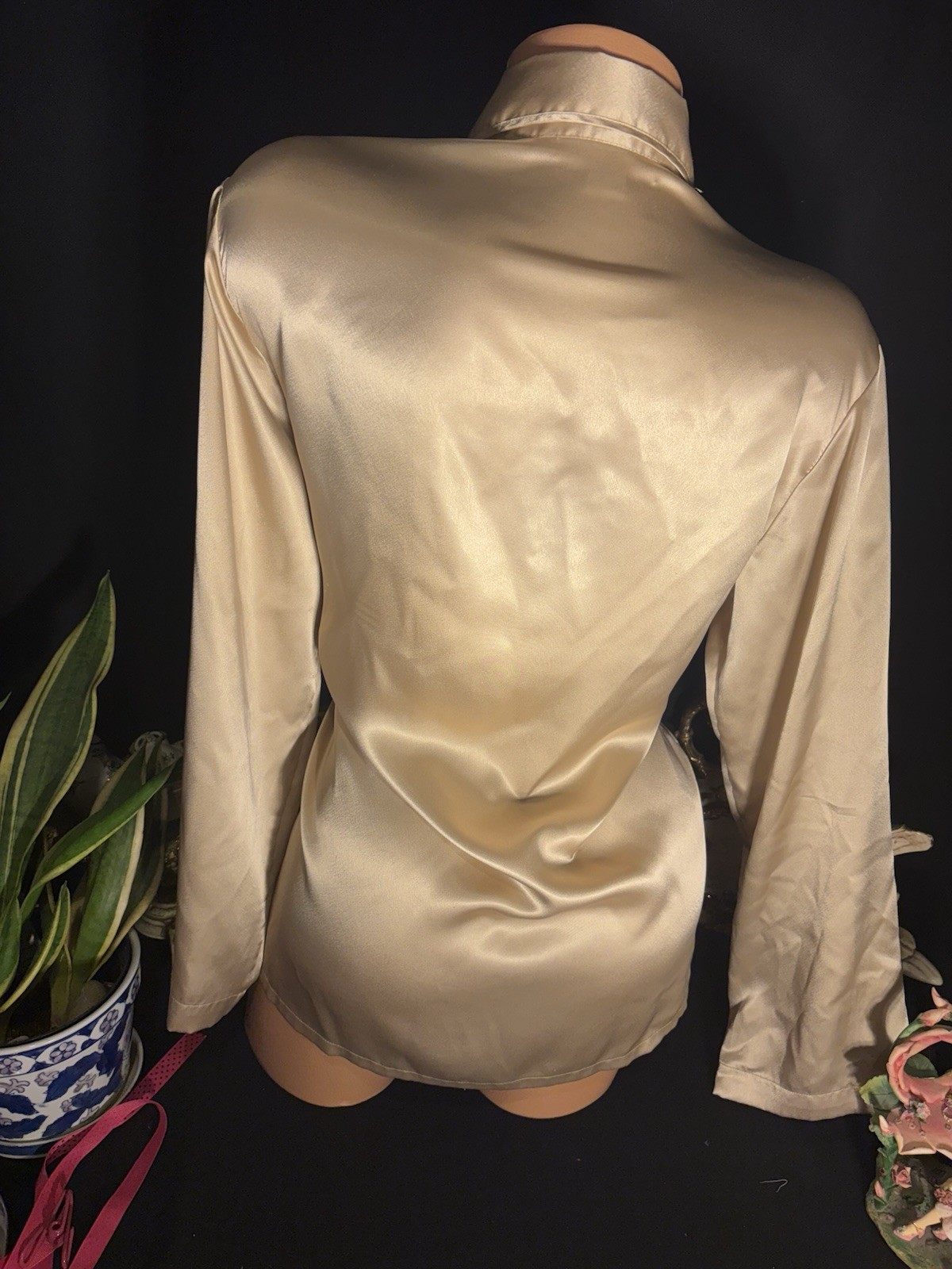 Vtg Satin Soft Gold Nightie button up VS Lounge blouse log