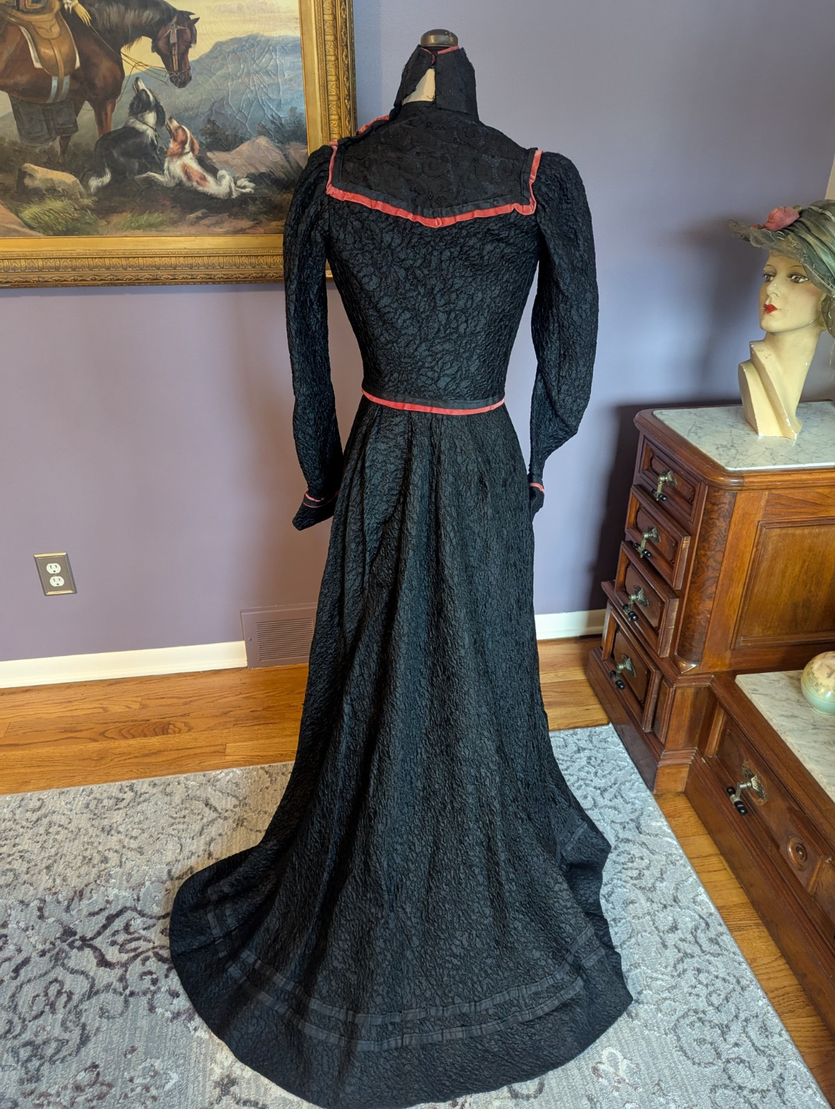 Antique Victorian Edwardian ca 1890’s – 1900 2 Piece Dress Velvet Rose and Trim