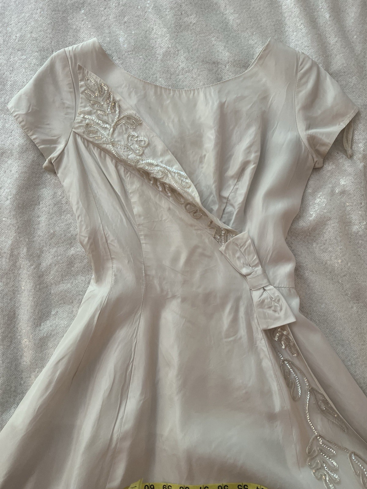 1960s Vintage Emma Domb Ivory Wedding Gown Cotillion Formal Sequin Dress XXS XS