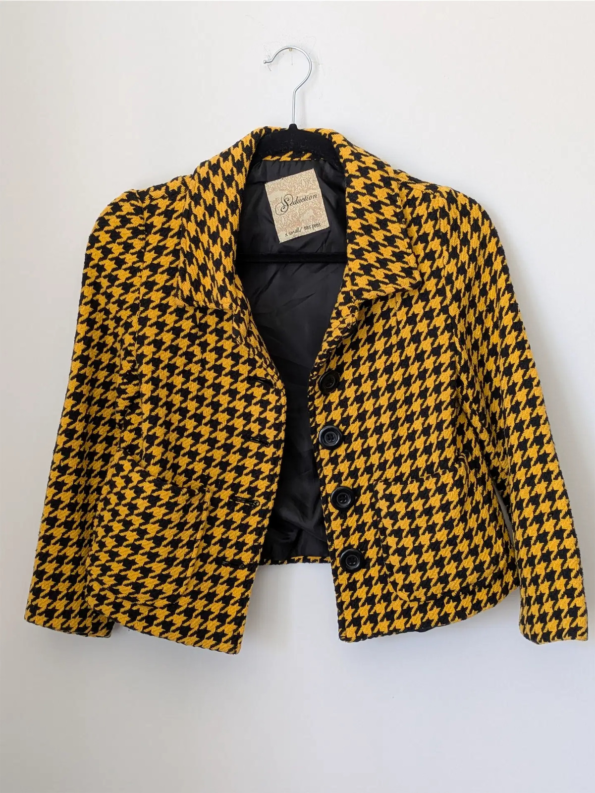 Seduction Cotton Blazer – Yellow and Black Houndstooth Pattern, Size XS