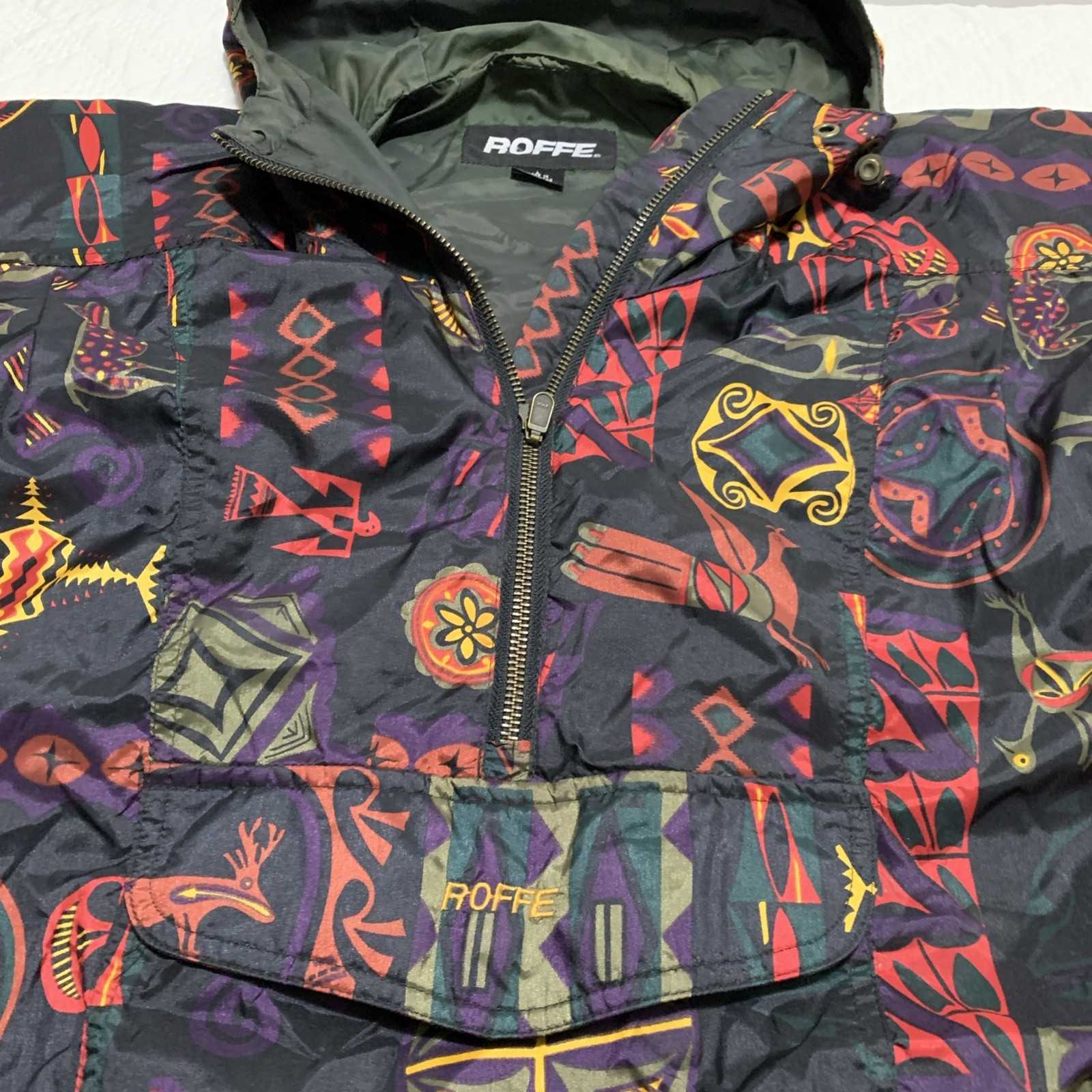 VTG 80s Roffe Indigenous Southwest Art Outdoor Anorak Belted Ski Jacket Womens L