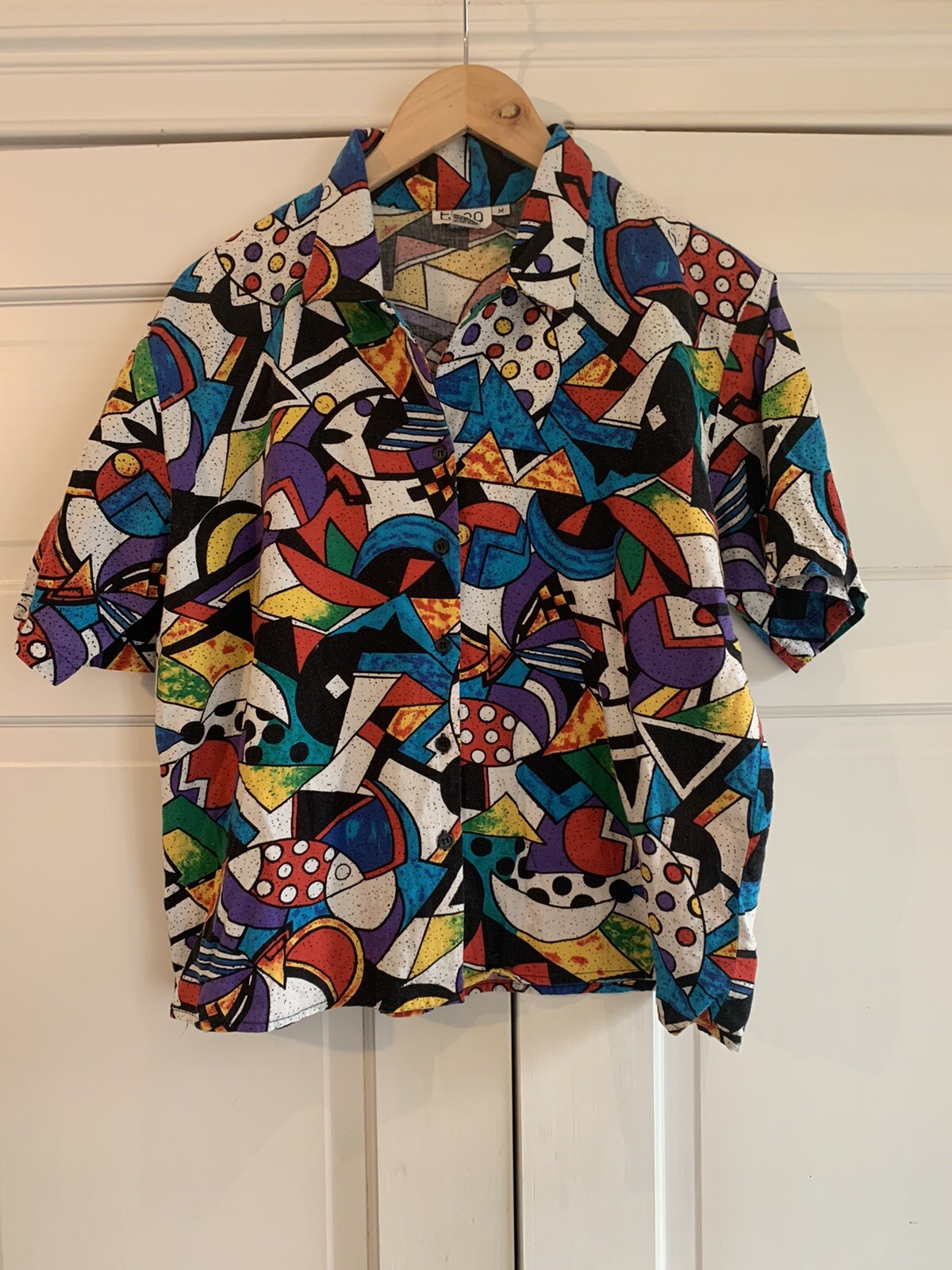 VTG 80s THEO Cotton Rayon Wild Bold Abstract Button Down Shirt Women’s M EUC