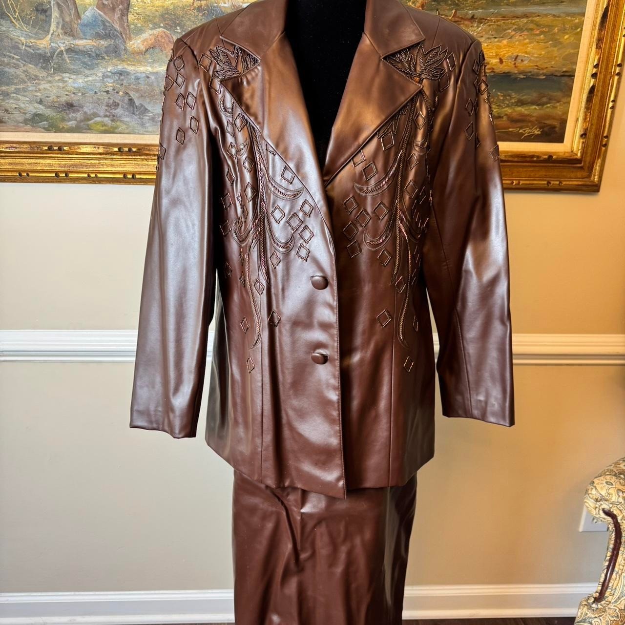 Vintage Brown Faux Leather Beaded Skirt Suit Set Size 18