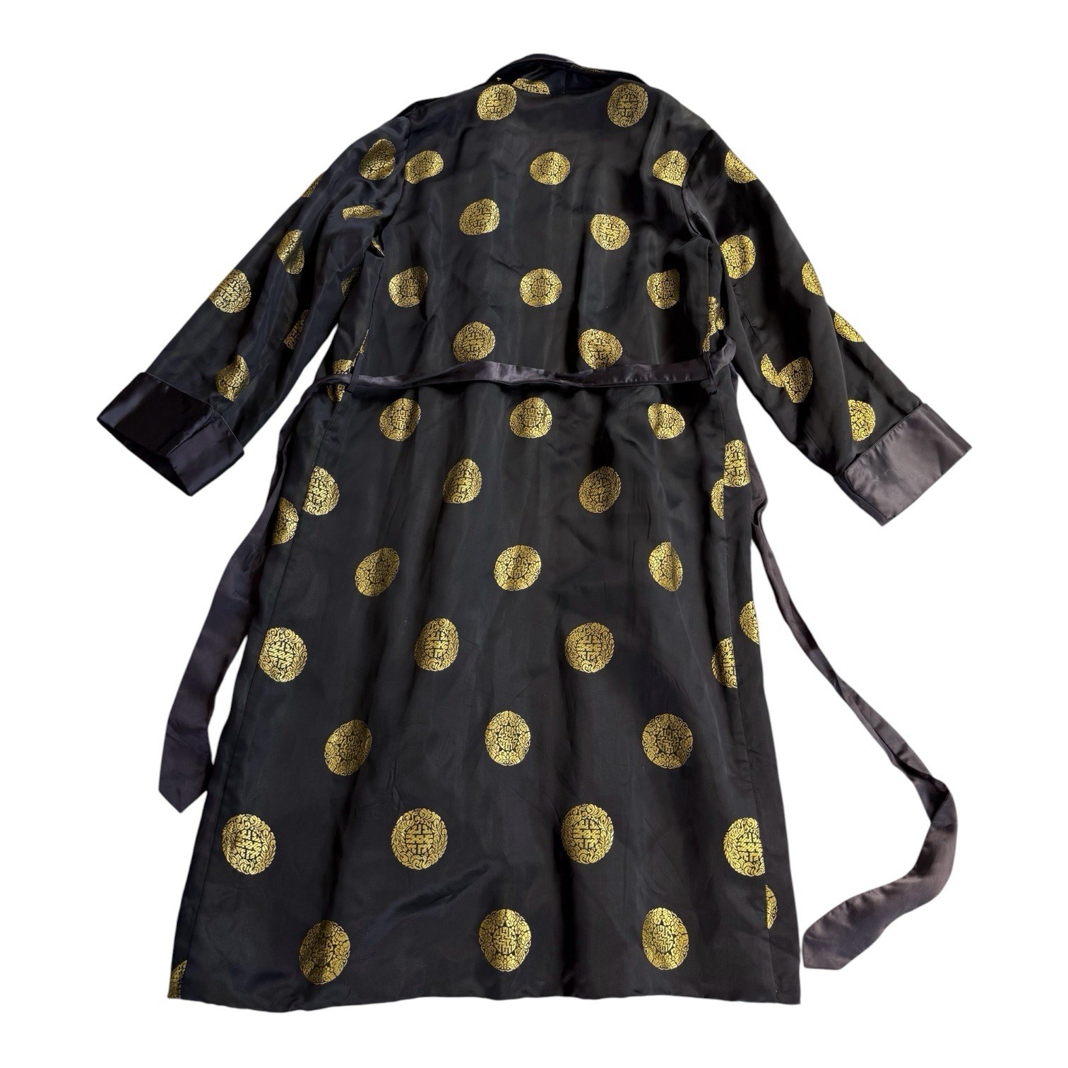 Authentic Vintage Chinese Robe Women Sz 46 Solz Squirrel Black/Gold Dots Rayon