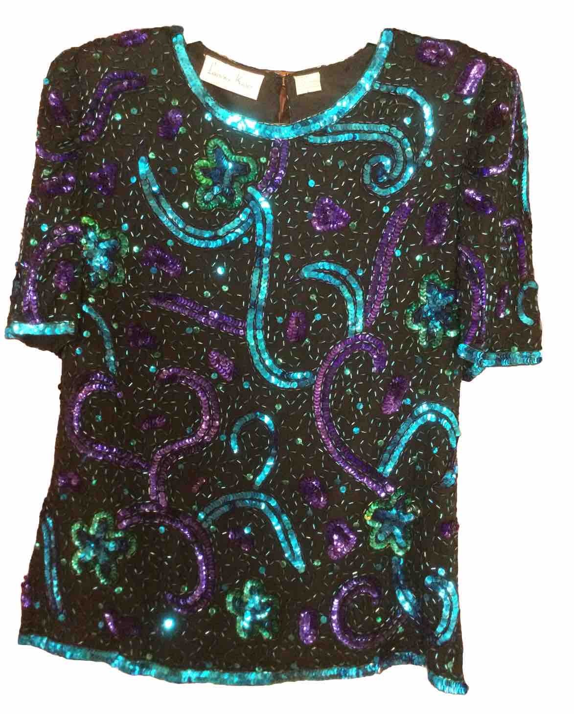 Vintage LAWRENCE KAZAR Sz L TOP BLACK Silk SEQUIN 90’s Sleeve PURPLE Turquoise