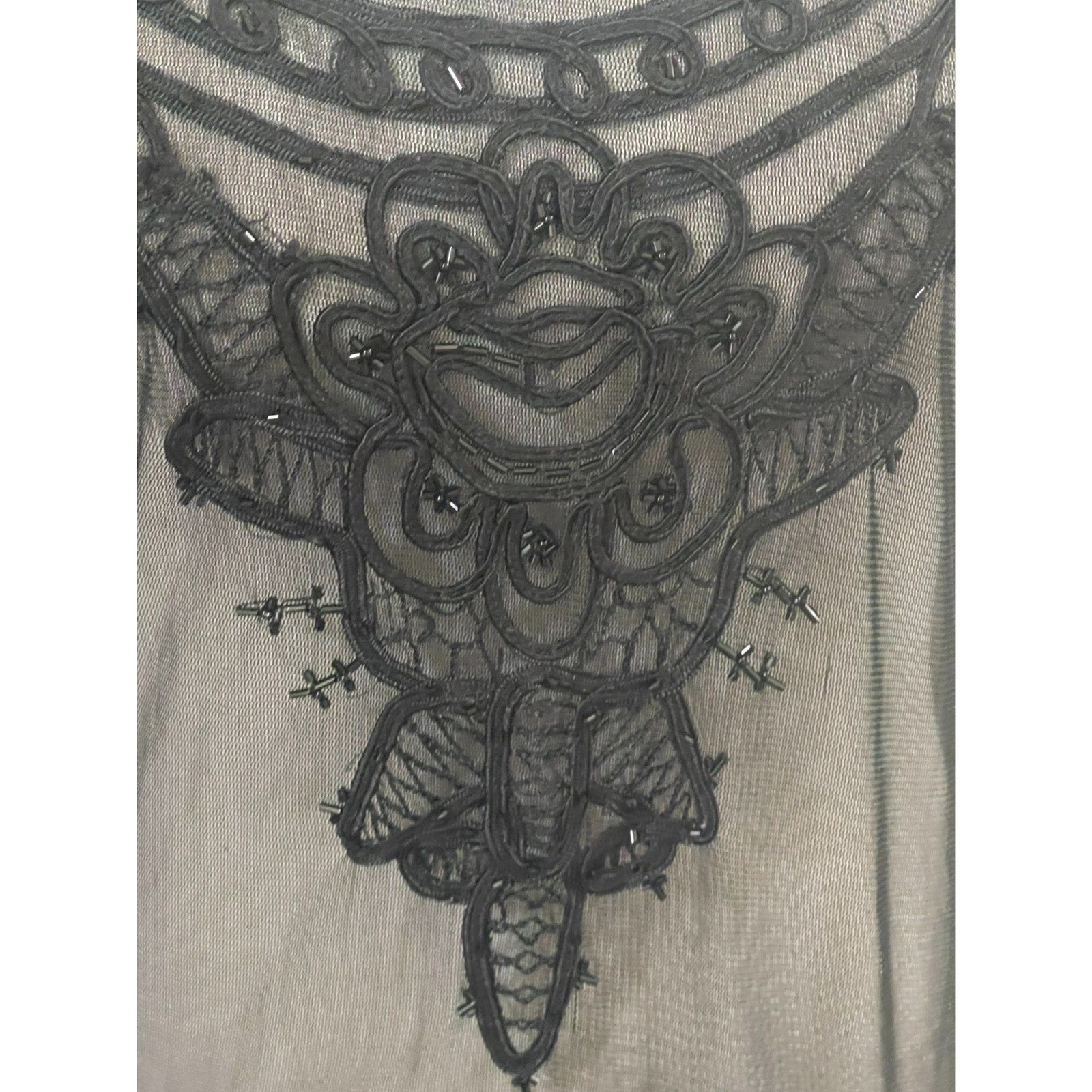 Antique 1920s Black Net Dress Hand Beaded & Sequins Flower Tiered Maxi vintage M
