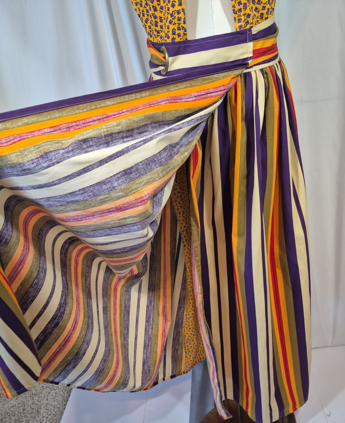 Vintage Design House Japan Floral Striped Apron Pinafore Dress Multicolor Small