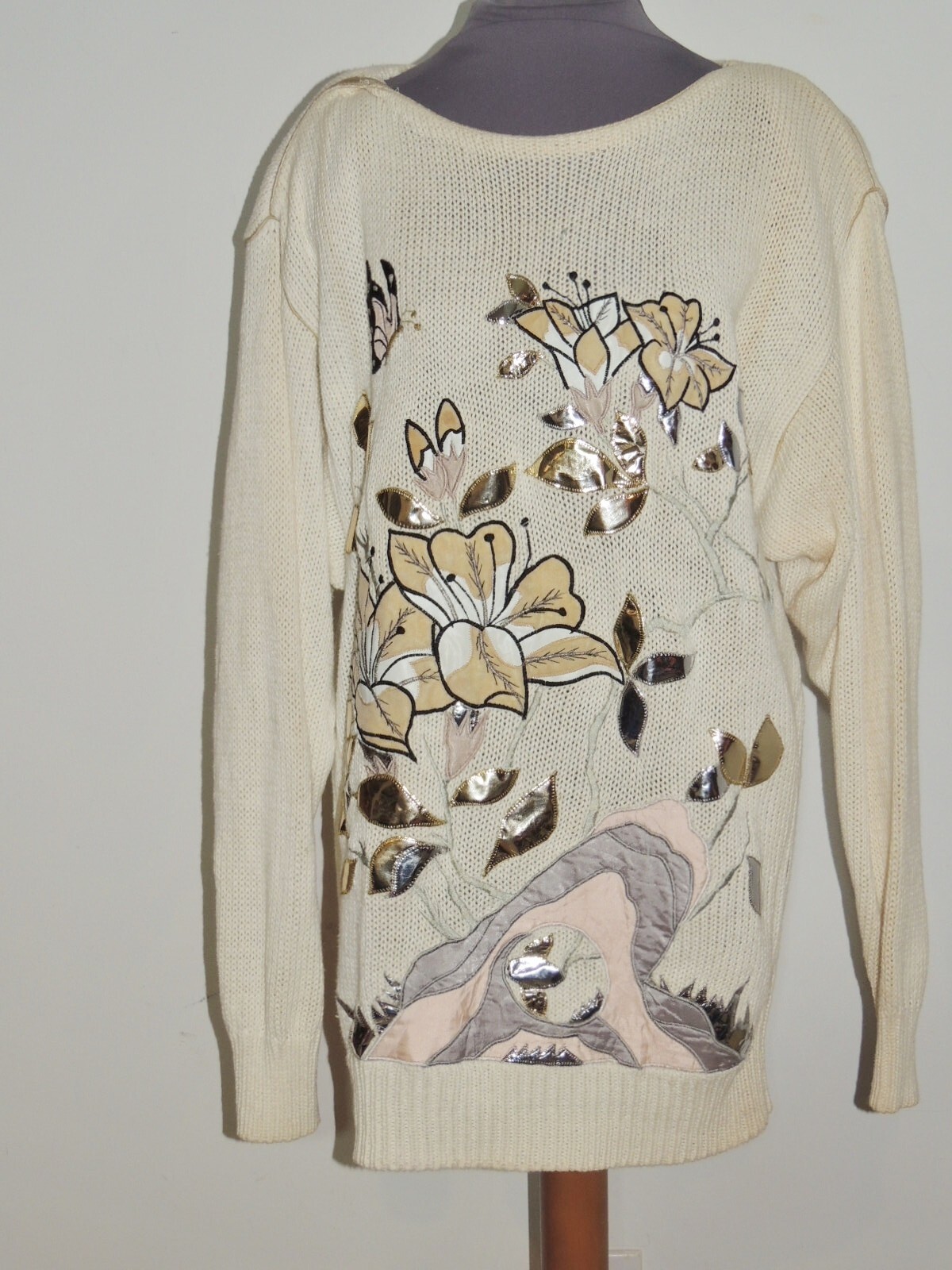 Vintage Bonnie Boerer Metallic Appliqued Floral w Butterfly Sweater sz LG 1988