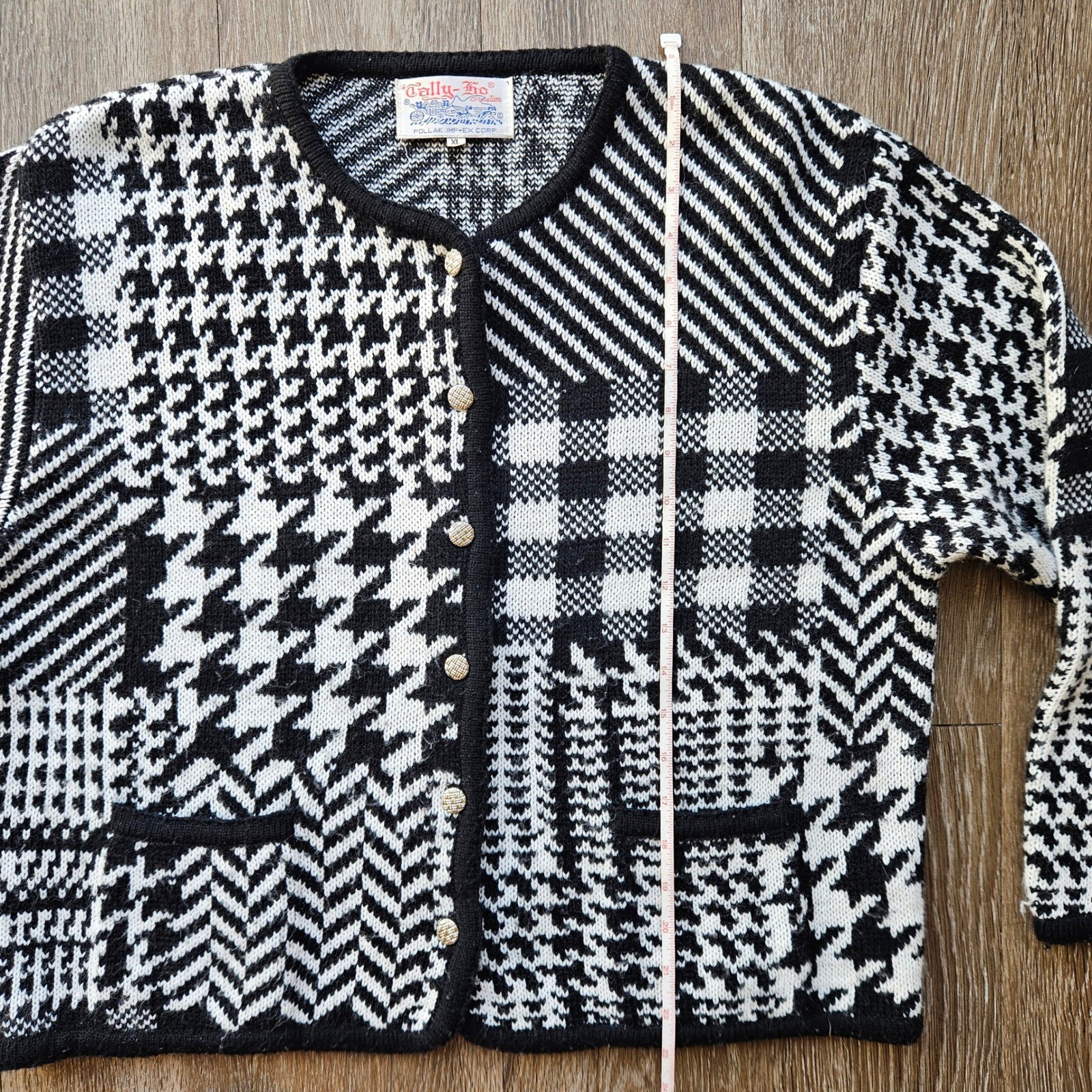 Tally-Ho Vtg Mixed Print Cardigan Sweater XL Black White Houndstooth Patchwork