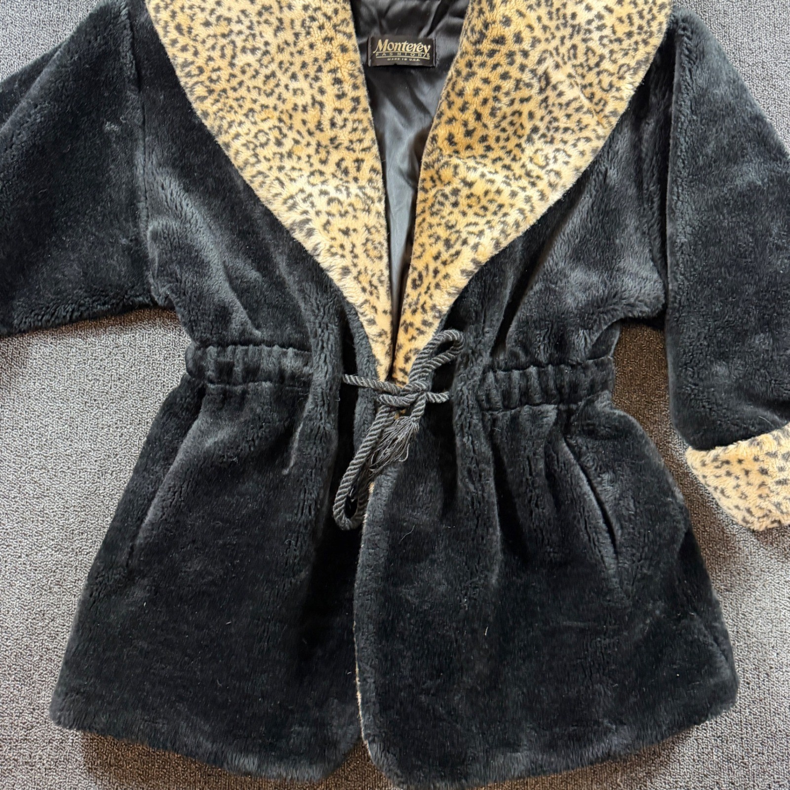 VTG Monterey Fashions Faux Fur Fleece Coat Women’s M Leopard Print Trim 80s USA